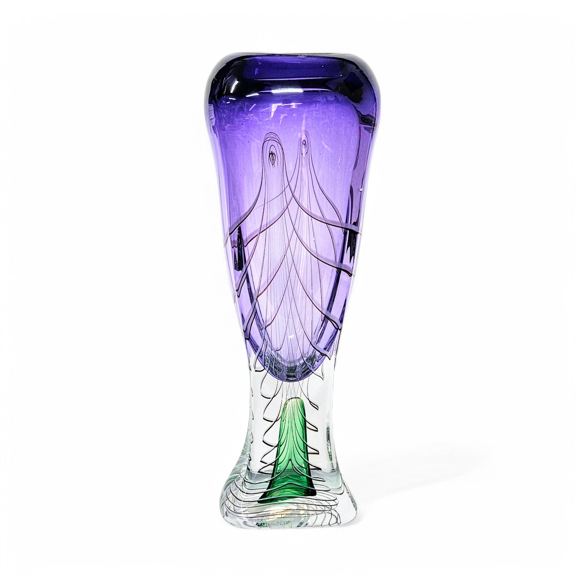 Blown Glass Vase Signed Adam Jablonski MCM Purple and Green Pulled Feather Design 13 Inches Tall Centerpiece