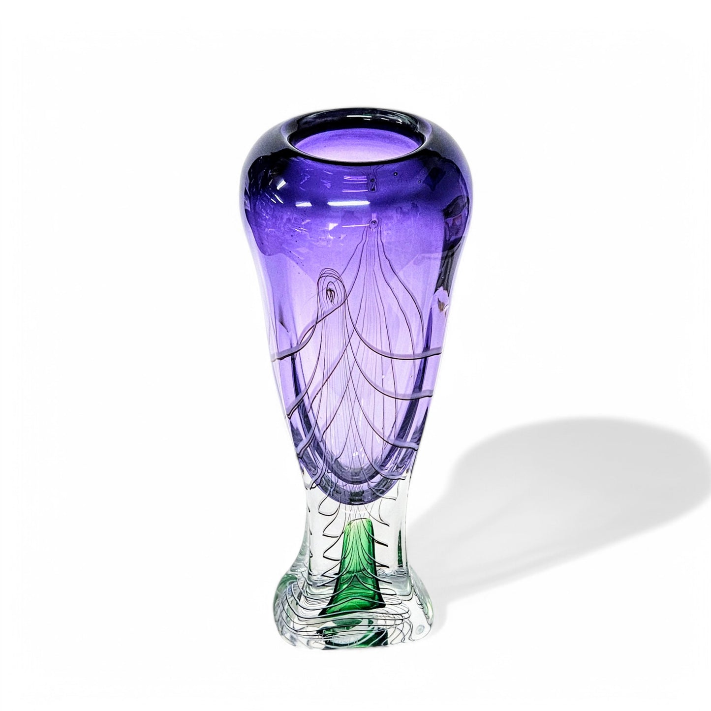 Blown Glass Vase Signed Adam Jablonski MCM Purple and Green Pulled Feather Design 13 Inches Tall Centerpiece