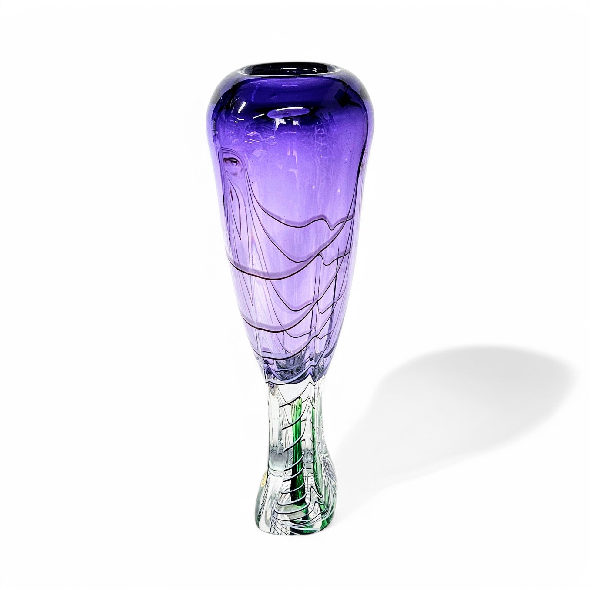 Blown Glass Vase Signed Adam Jablonski MCM Purple and Green Pulled Feather Design 13 Inches Tall Centerpiece