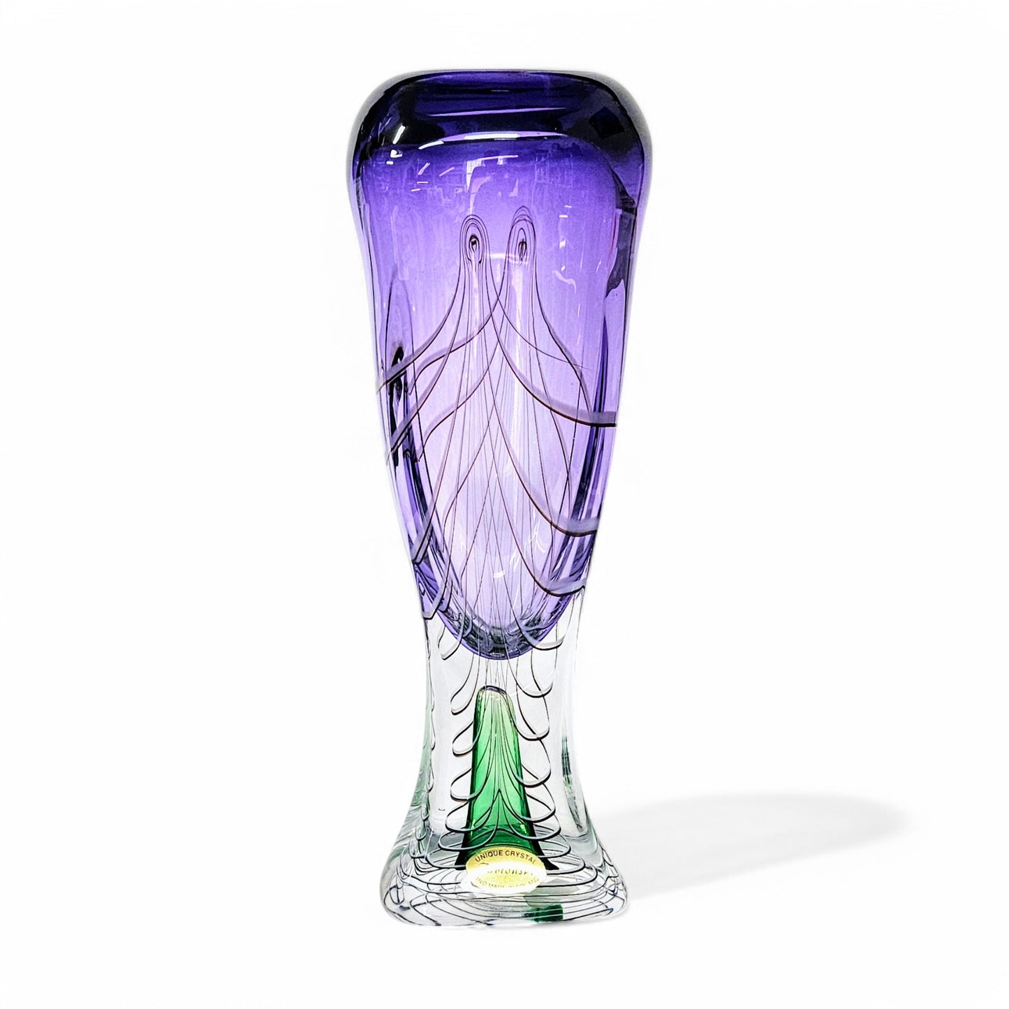 Blown Glass Vase Signed Adam Jablonski MCM Purple and Green Pulled Feather Design 13 Inches Tall Centerpiece