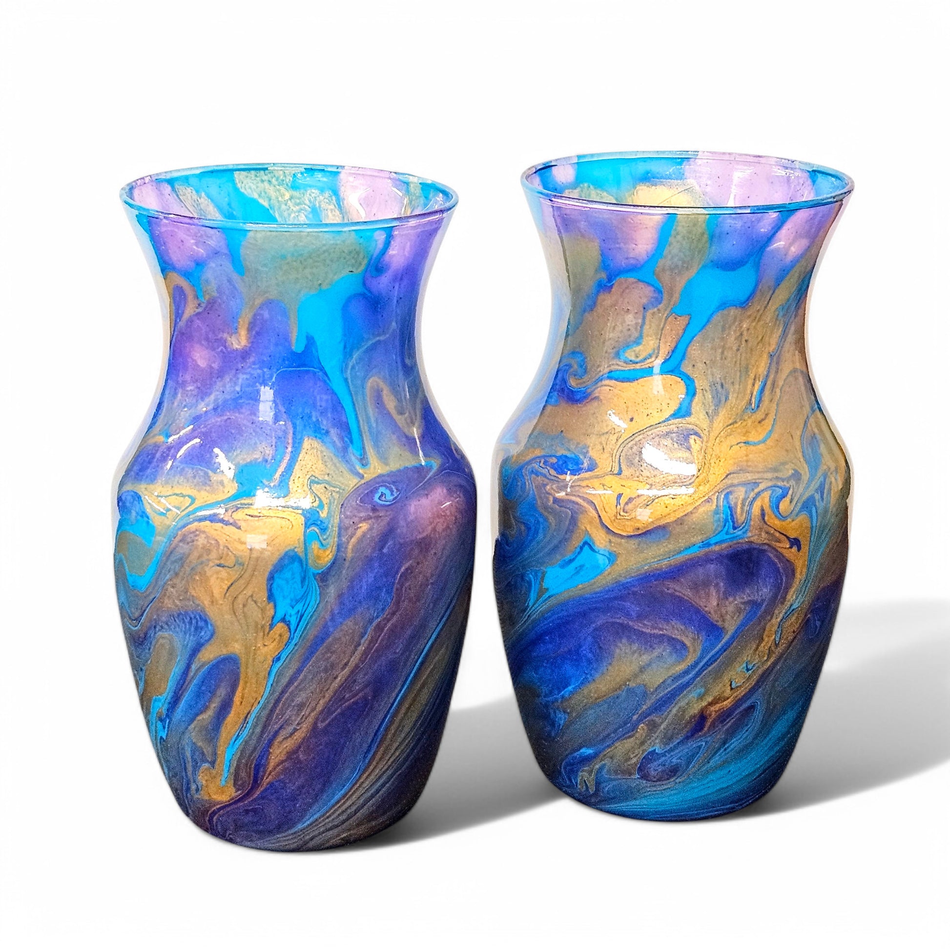 Painted Glass Art Vase in Turquoise Purple Gold | Fluid Art Flower Vase