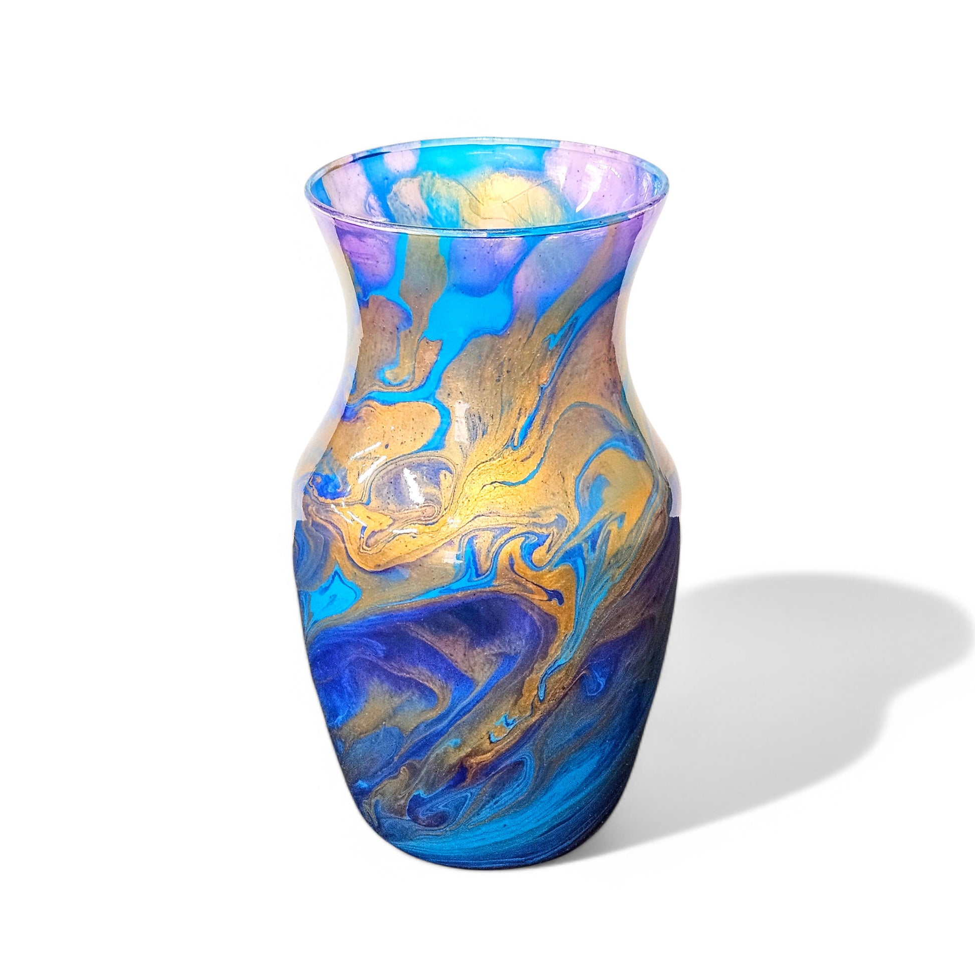 Painted Glass Art Vase in Turquoise Purple Gold | Fluid Art Flower Vase