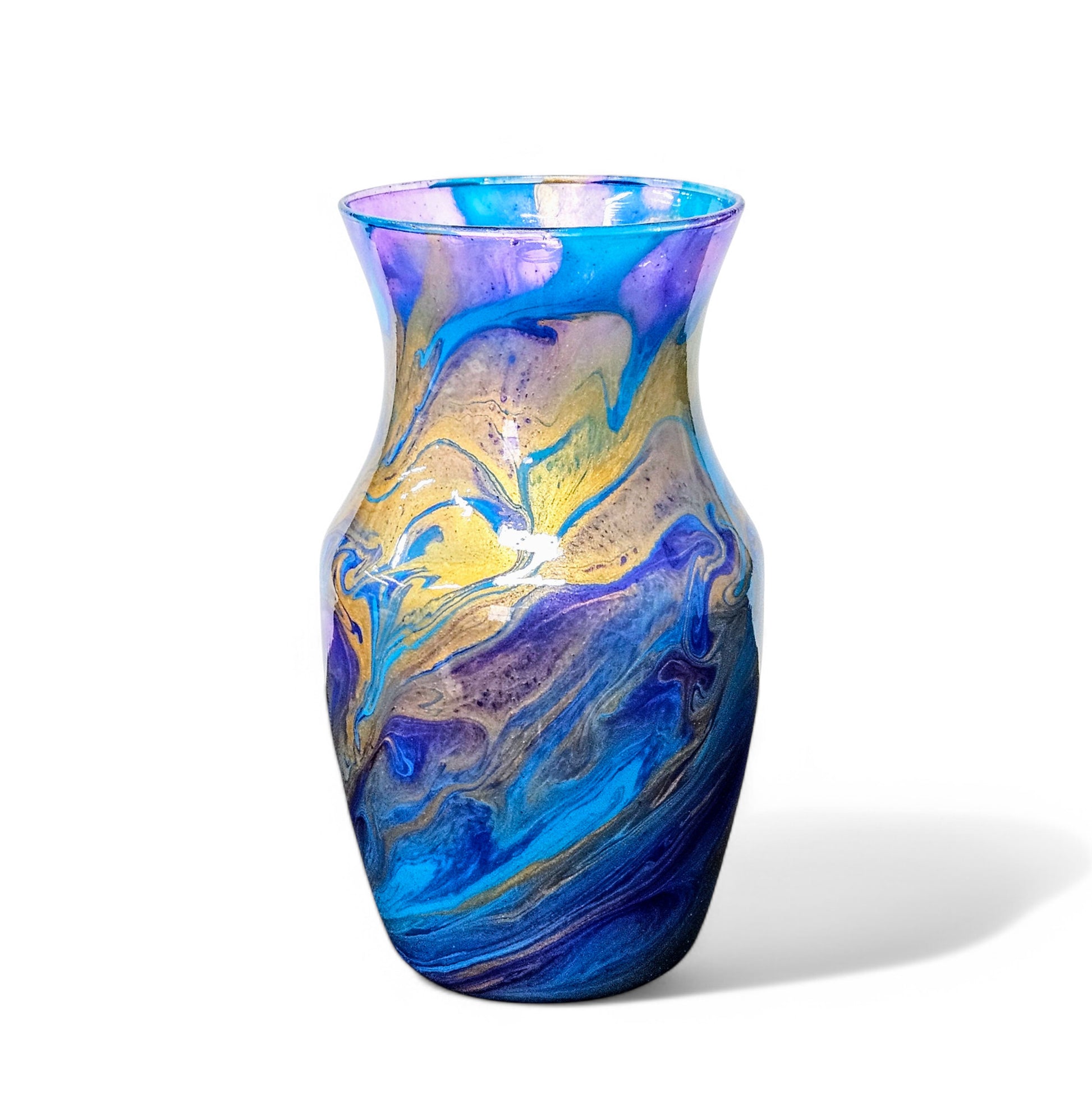 Painted Glass Art Vase in Turquoise Purple Gold | Fluid Art Flower Vase