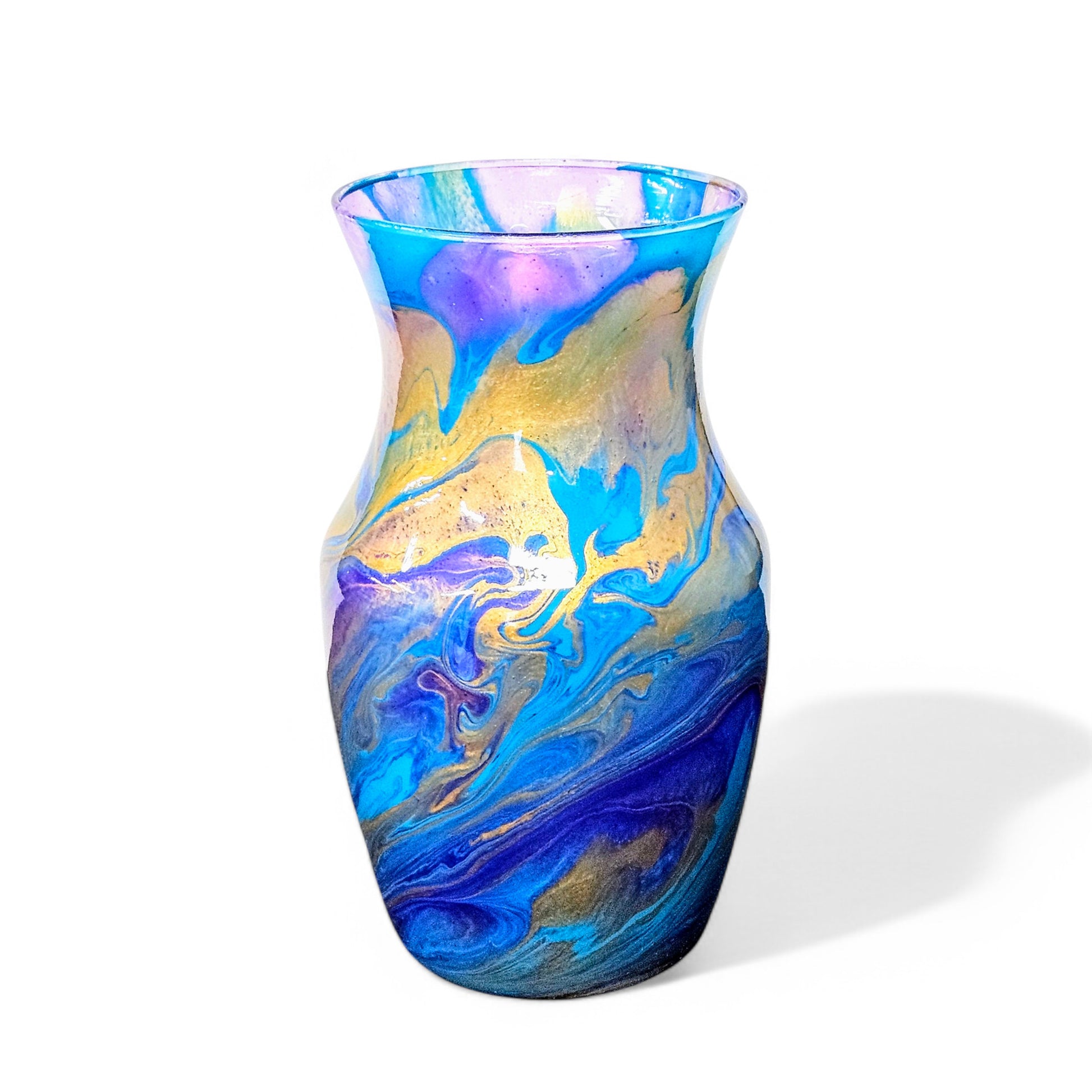 Painted Glass Art Vase in Turquoise Purple Gold | Fluid Art Flower Vase