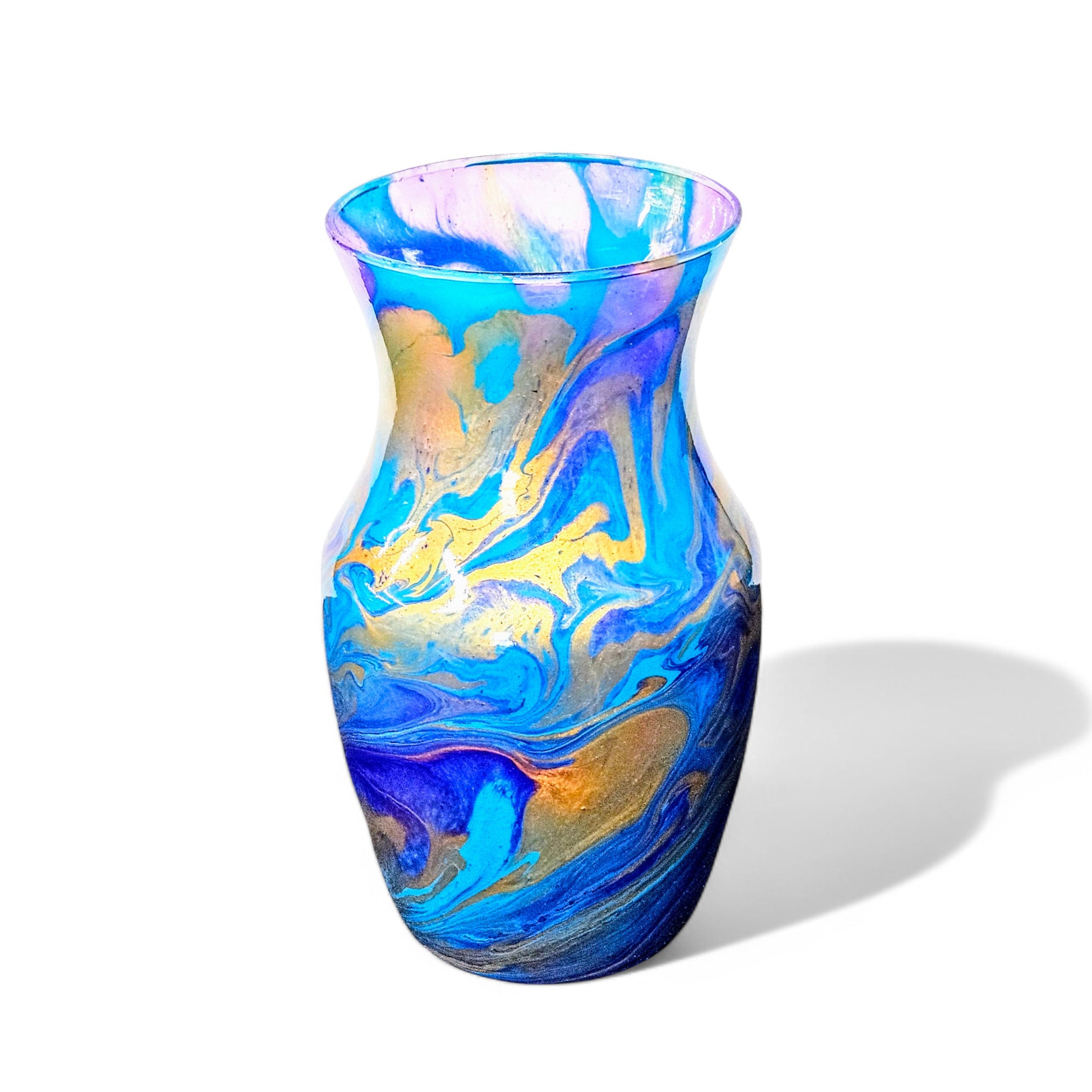 Painted Glass Art Vase in Turquoise Purple Gold | Fluid Art Flower Vase