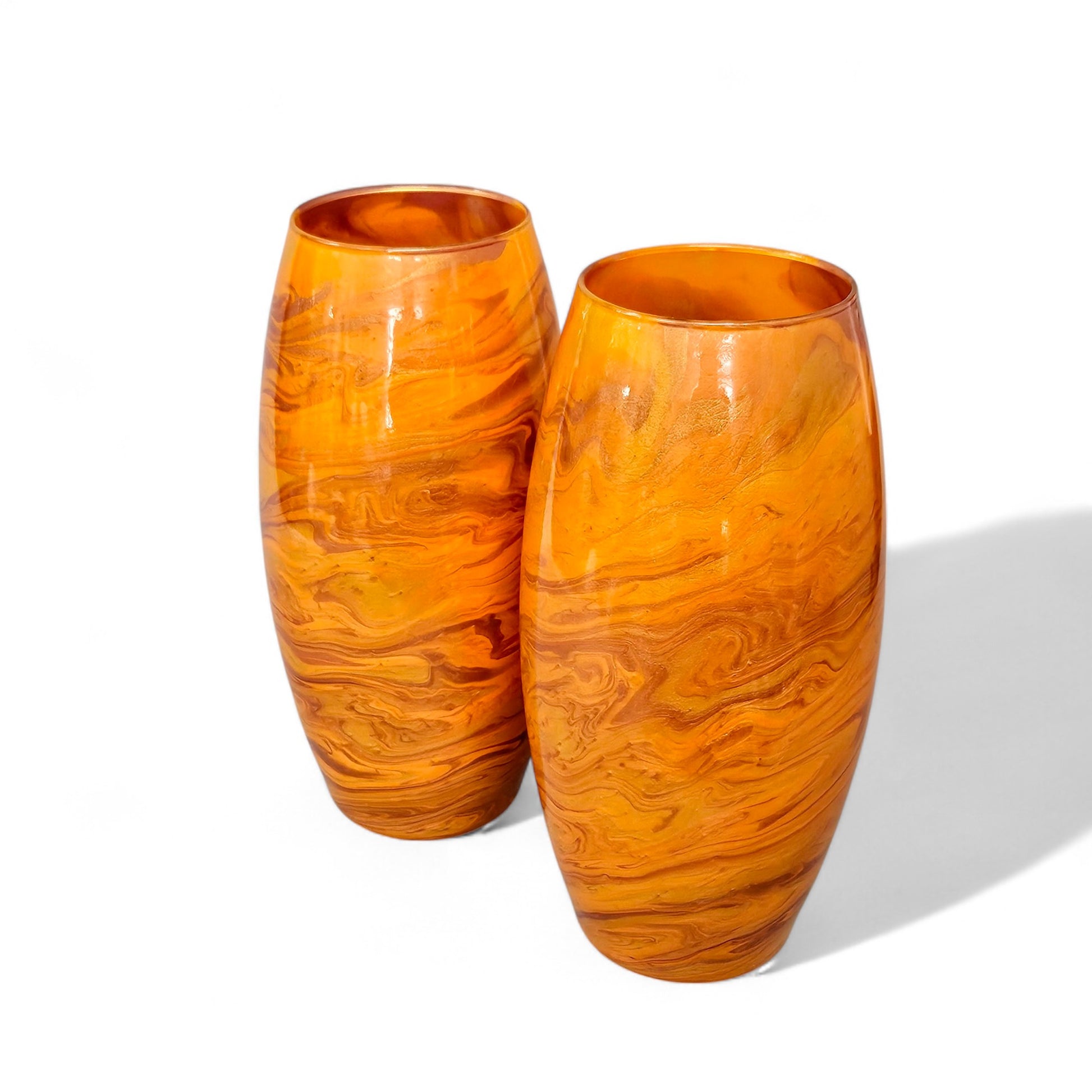 glass vases Done in a striking mix of orange, metallic gold and bronze, it was hand painted with acrylics,