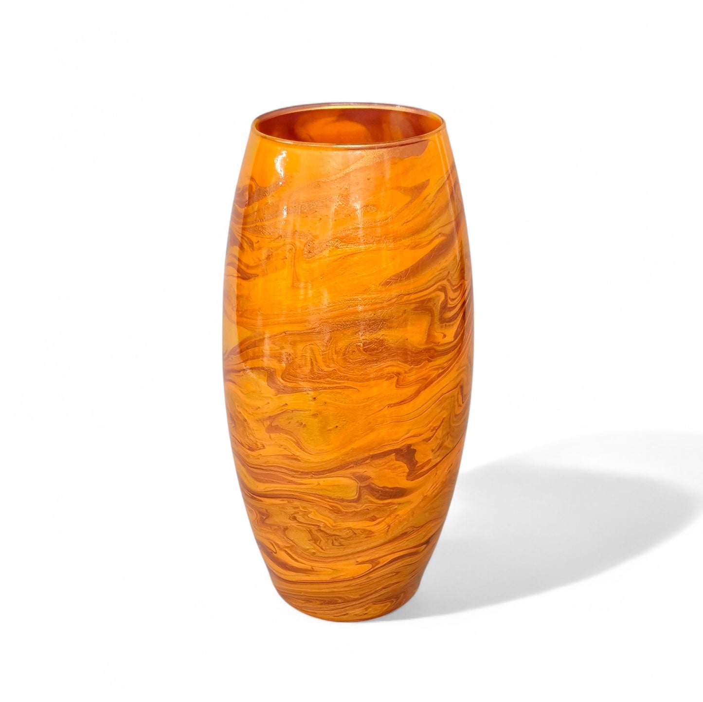 glass vase Done in a striking mix of orange, metallic gold and bronze, it was hand painted with acrylics,