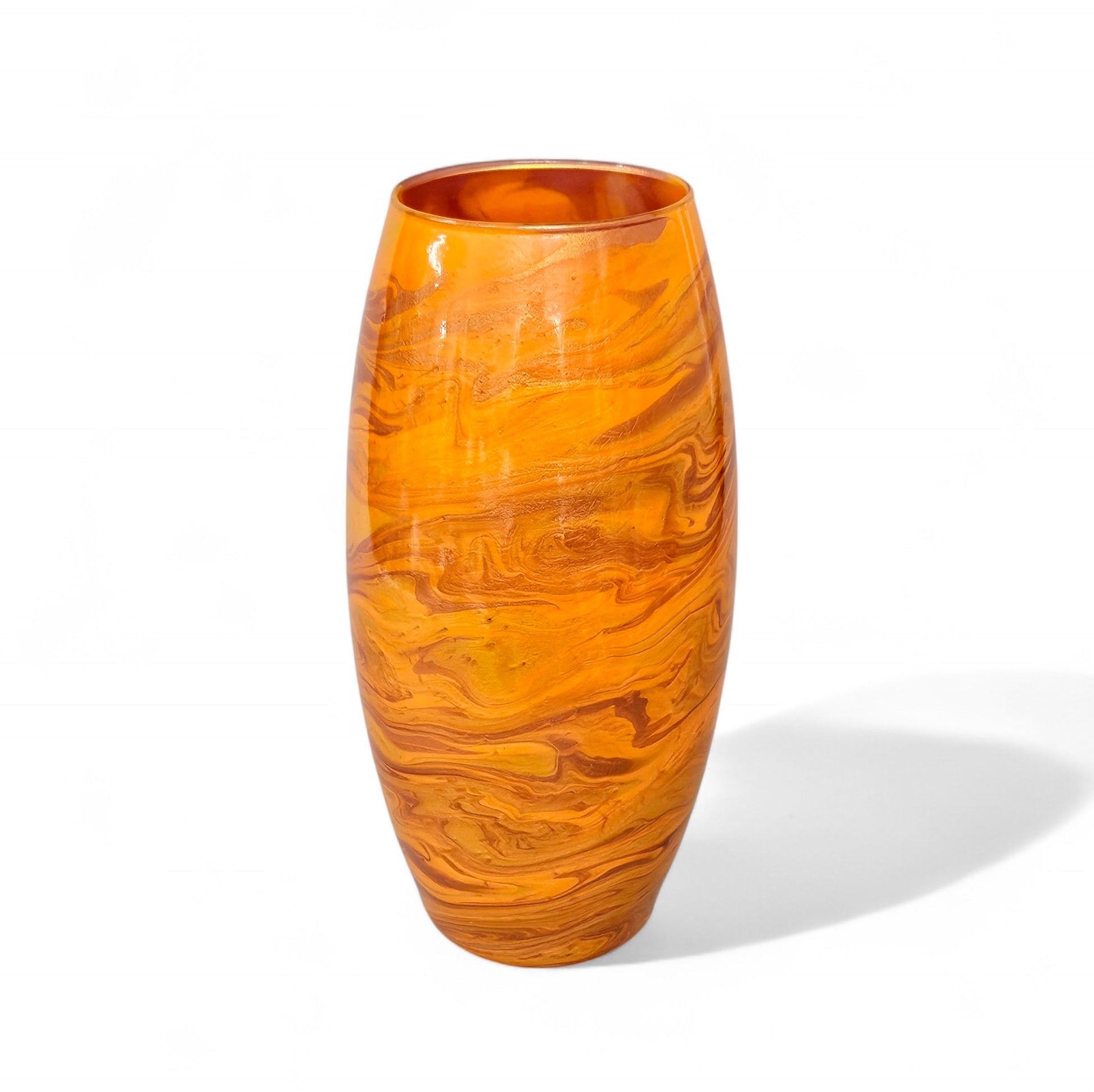 glass vase Done in a striking mix of orange, metallic gold and bronze, it was hand painted with acrylics,