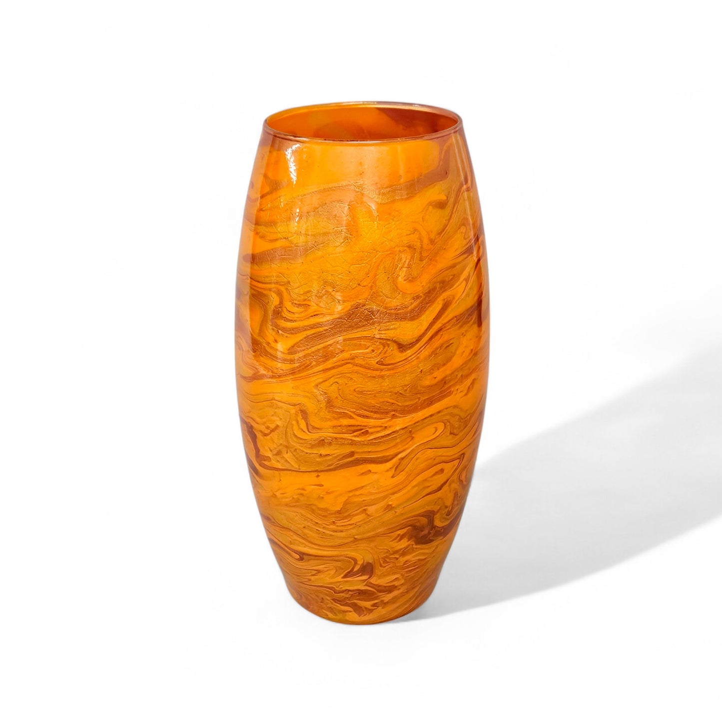 glass vase Done in a striking mix of orange, metallic gold and bronze, it was hand painted with acrylics,