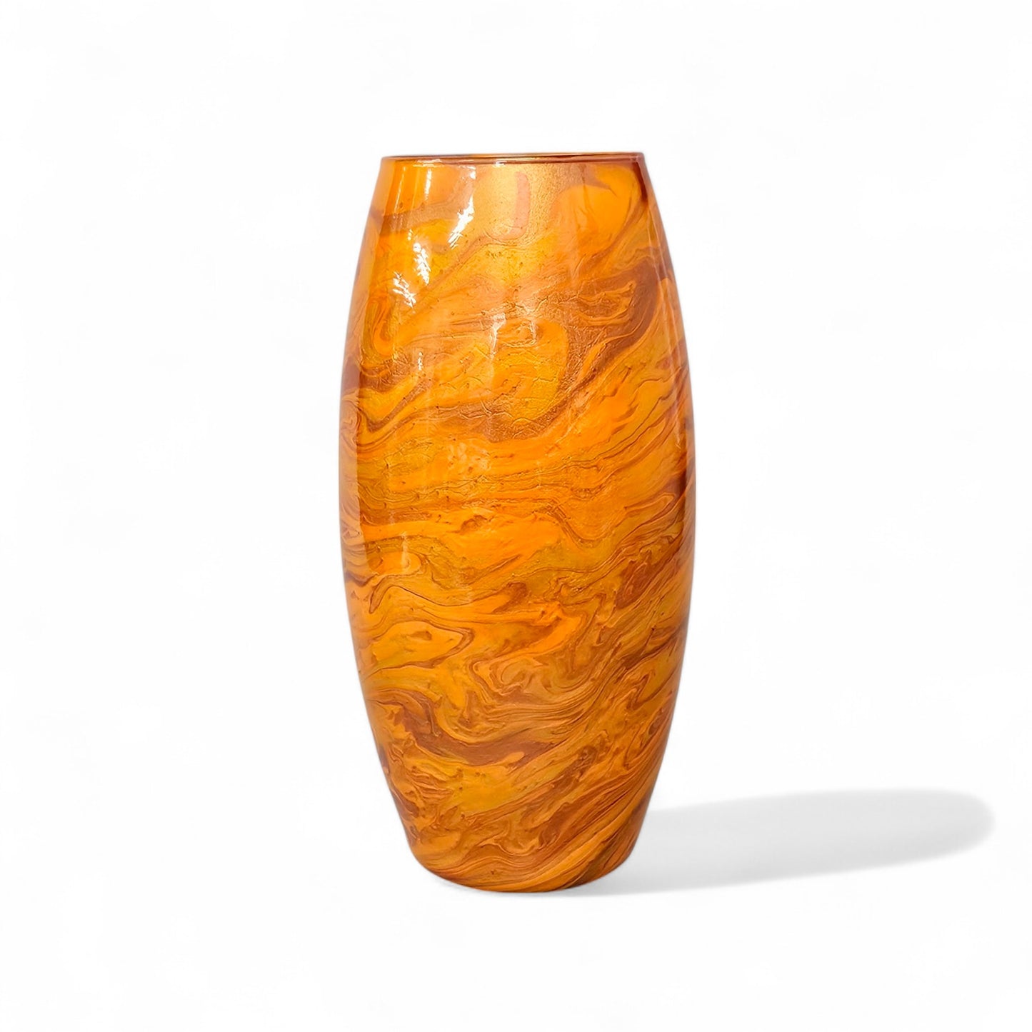 Glass vase Done in a striking mix of orange, metallic gold and bronze, it was hand painted with acrylics,