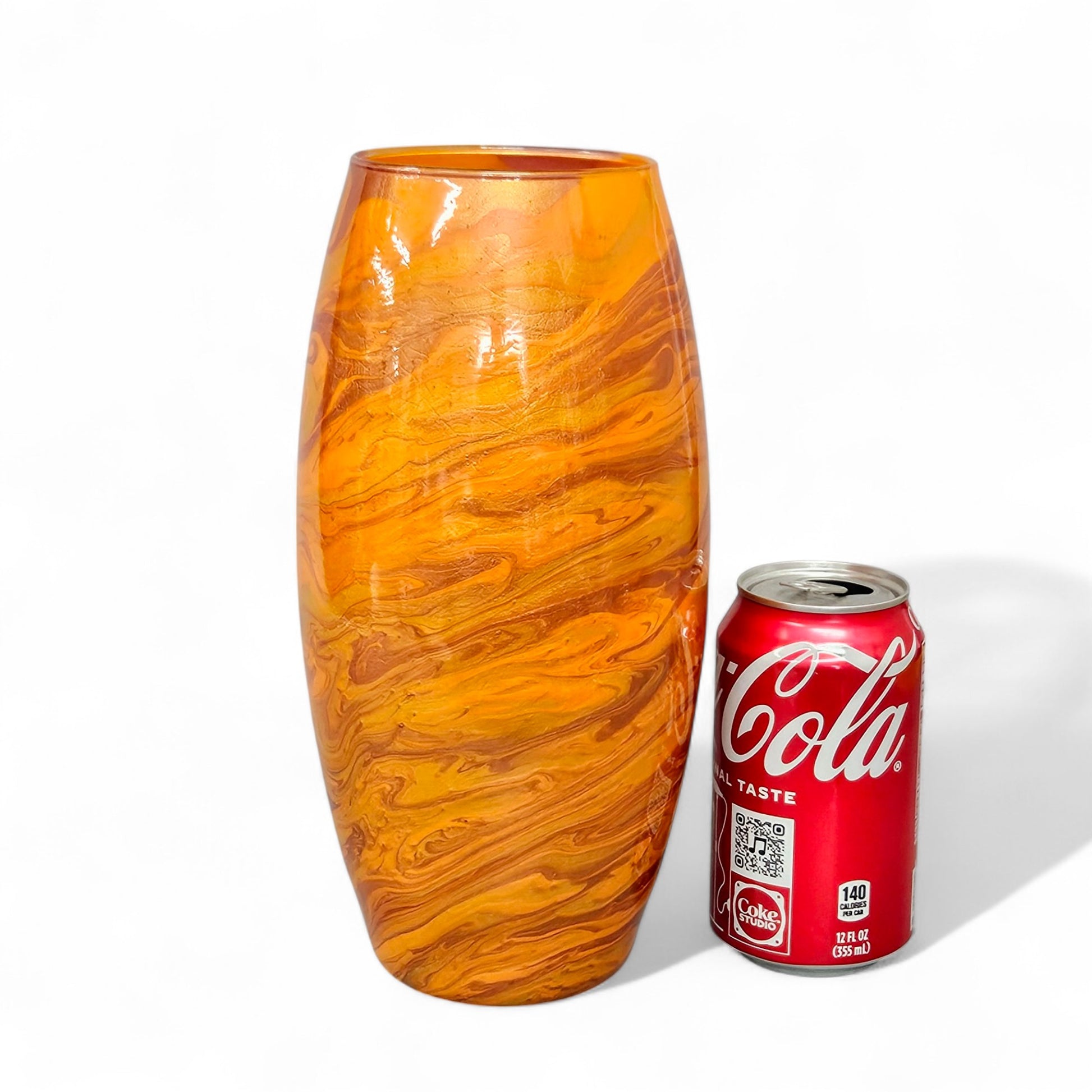 glass vase Done in a striking mix of orange, metallic gold and bronze, it was hand painted with acrylics,
