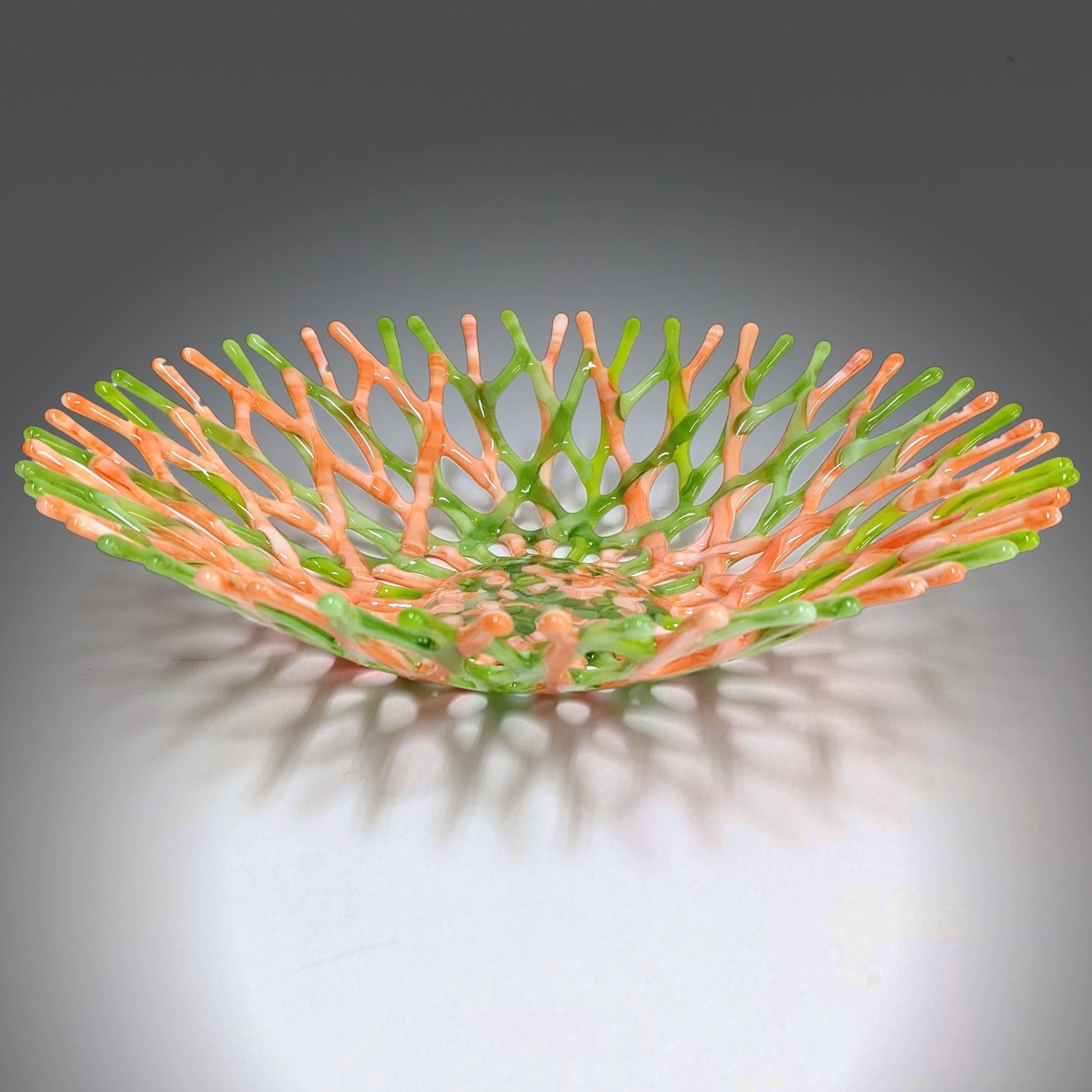 Fused Glass Art Coral Bowl in Orange and Lime Green | Beach Décor
