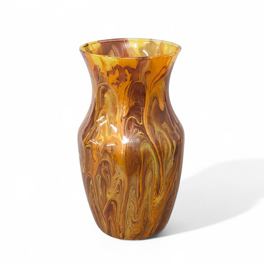 Glass Art Vase in Orange Brown Gold | Fluid Art Flower Vase