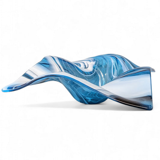 Glass Art Wave Bowl in Blue and White | Modern Decorative Centerpiece Bowls 