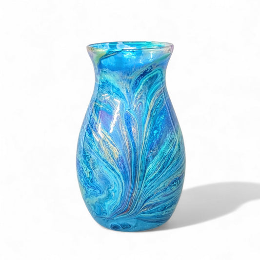 Peacock Feather Painted Vase in Aqua Blue Purple Gold