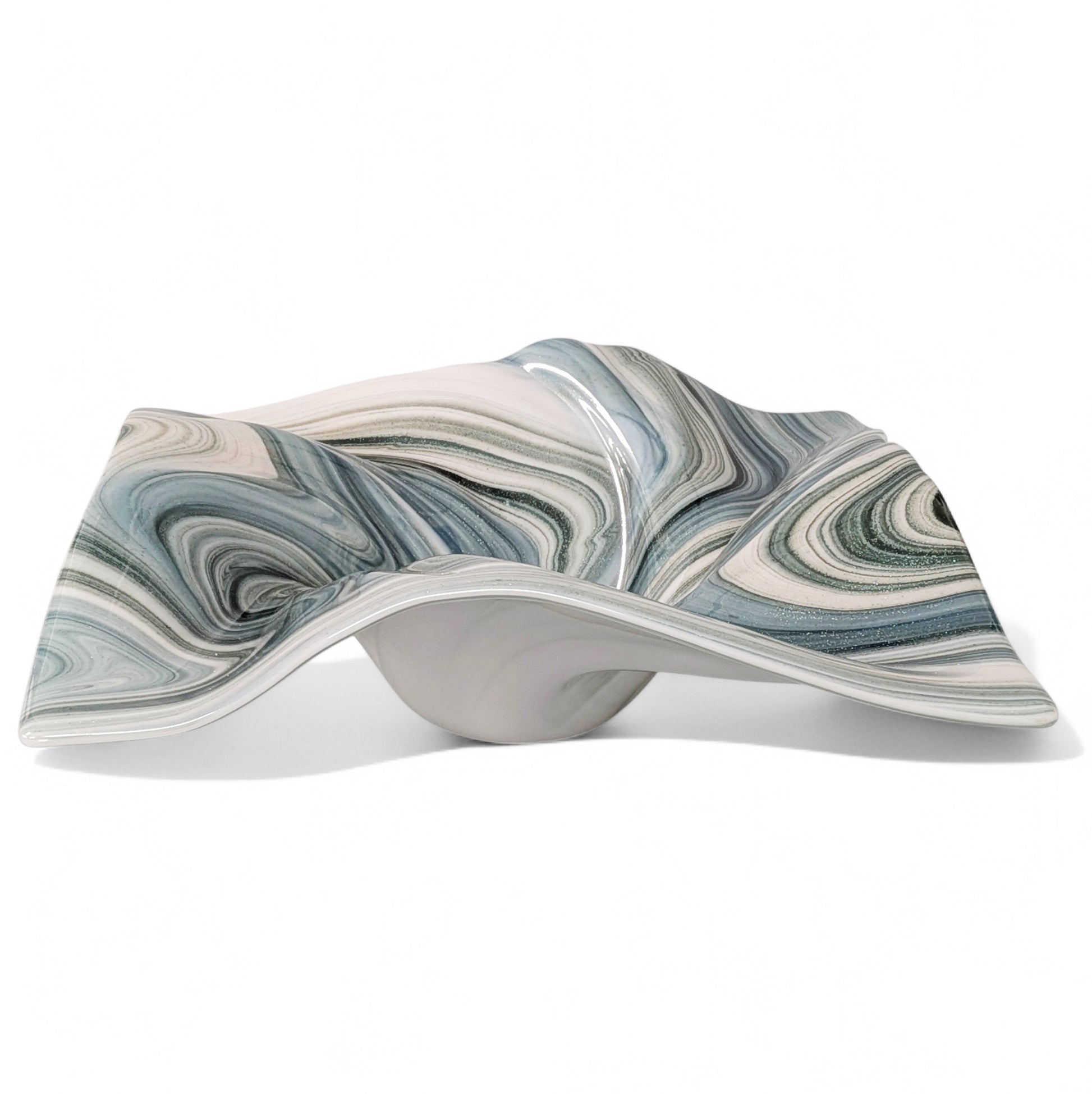Glass Art Wave Bowl in Aqua Gray and White Aventurine Glass