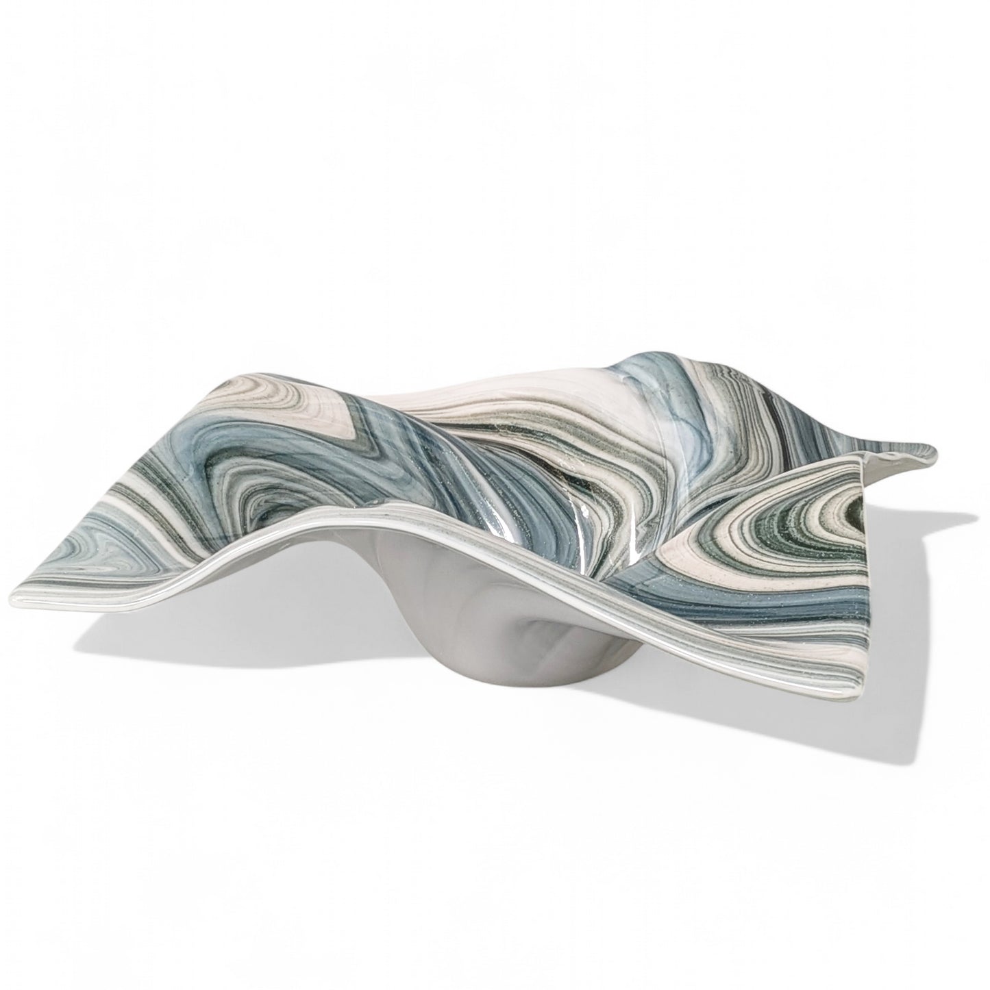 Glass Art Wave Bowl in Aqua Gray and White Aventurine Glass