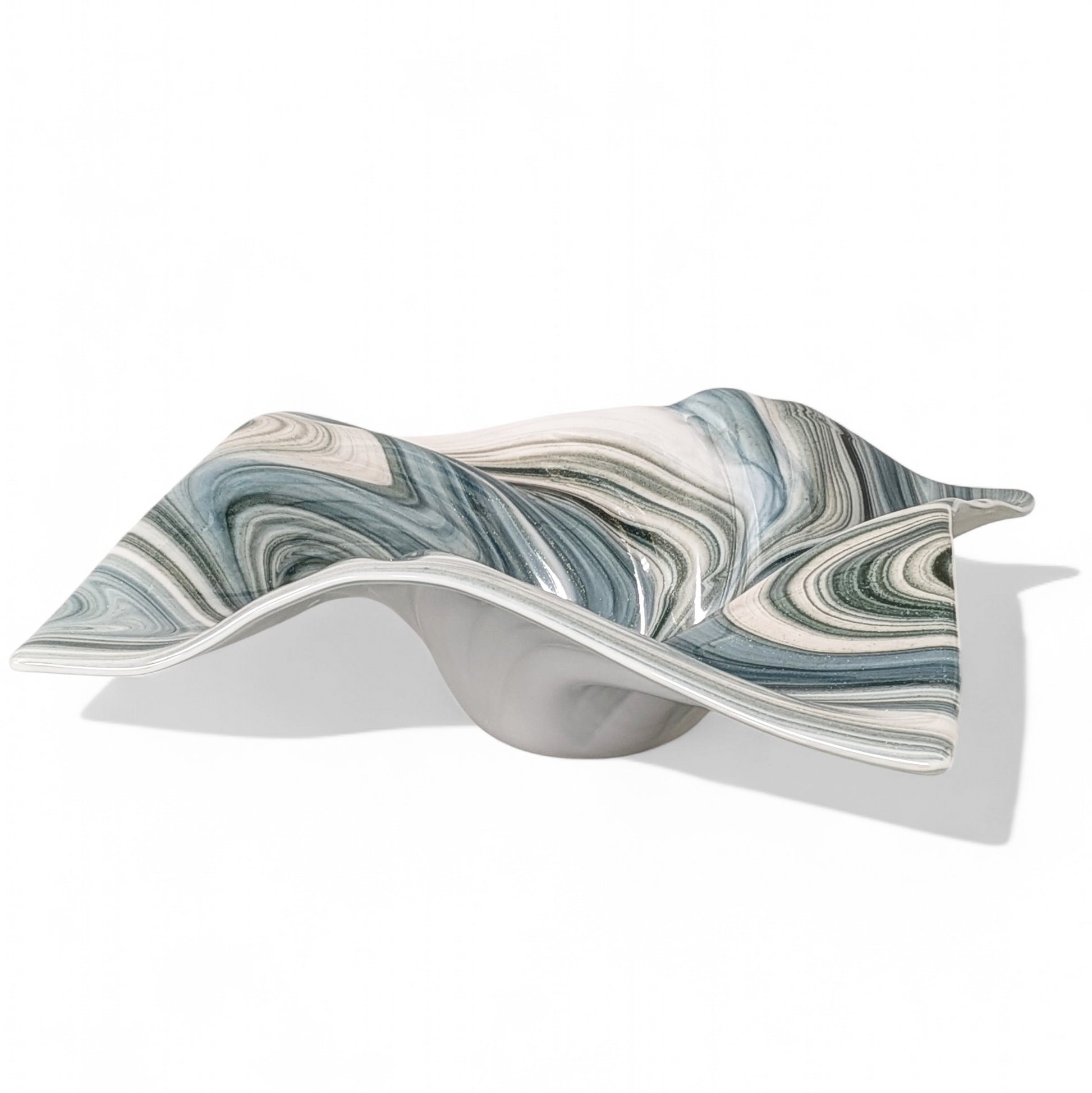 Glass Art Wave Bowl in Aqua Gray and White Aventurine Glass