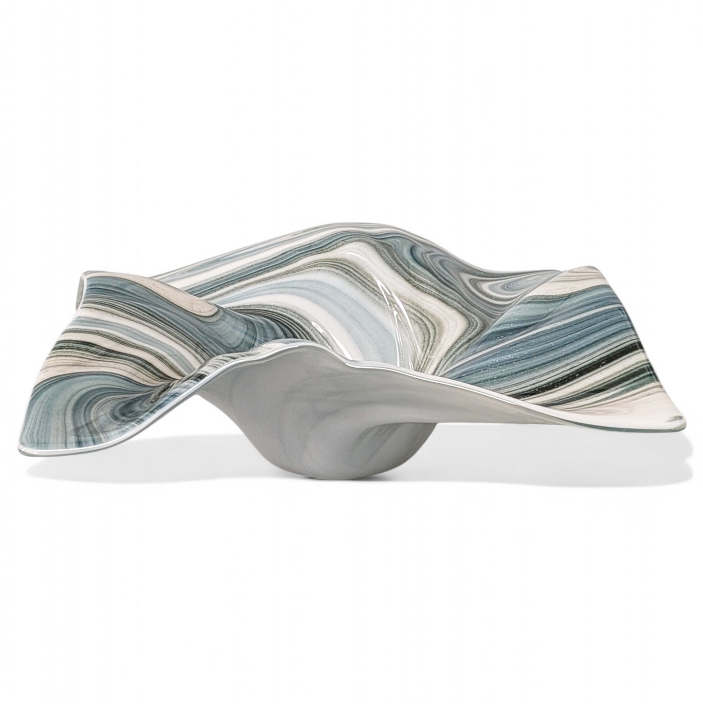 Glass Art Wave Bowl in Aqua Gray and White Aventurine Glass
