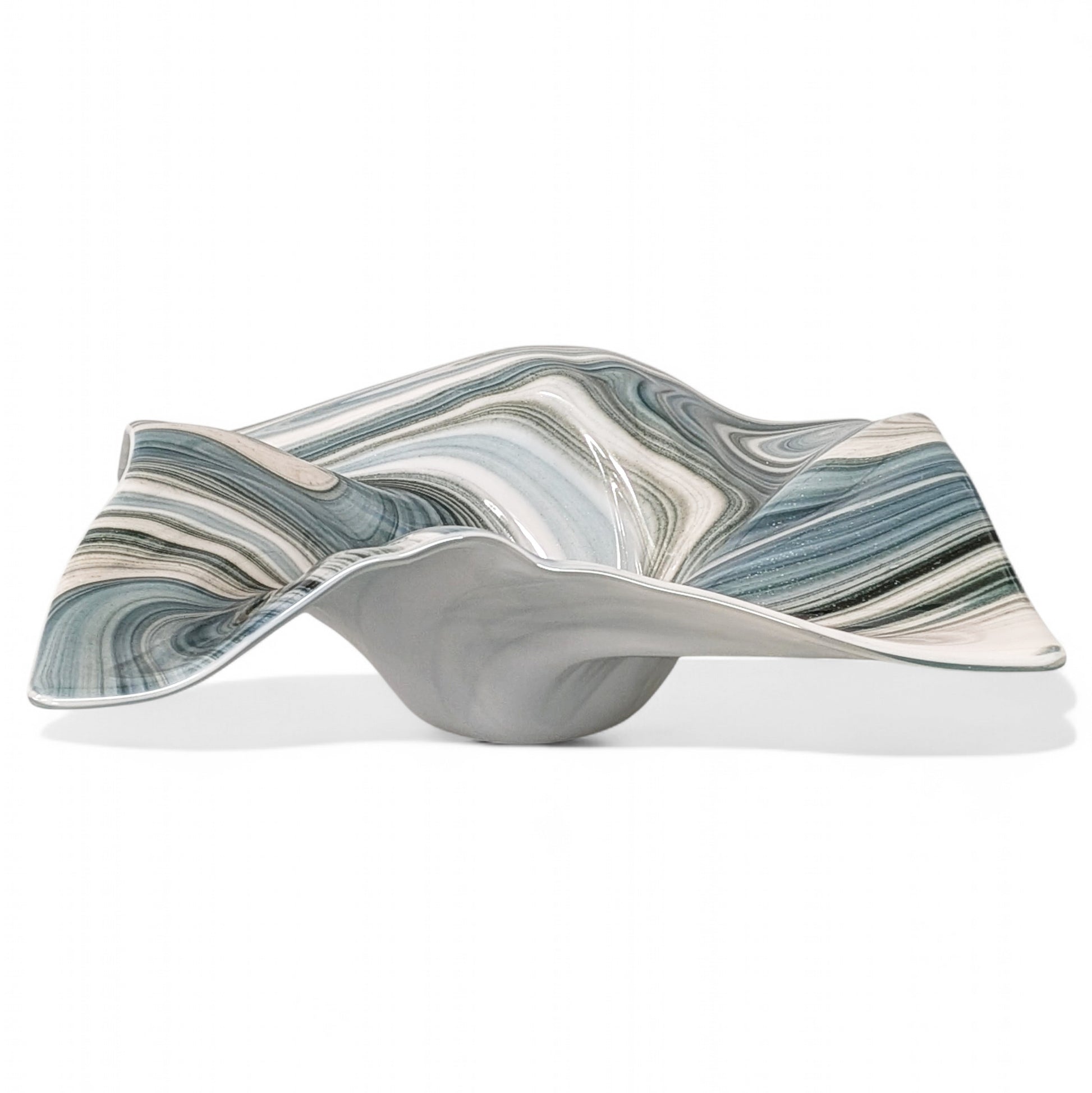 Glass Art Wave Bowl in Aqua Gray and White Aventurine Glass