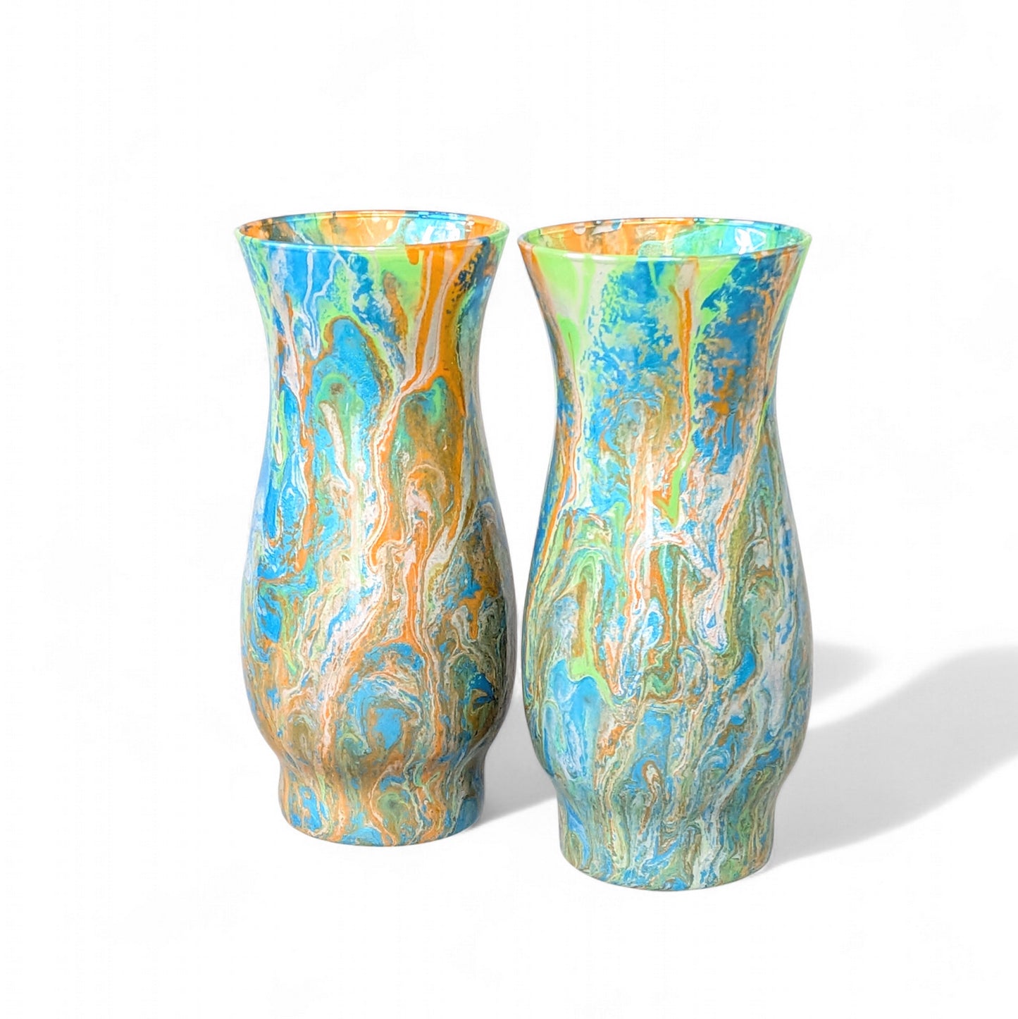 Glass Art Vase in Blue Green Orange and Silver | Fluid Art Flower Vase