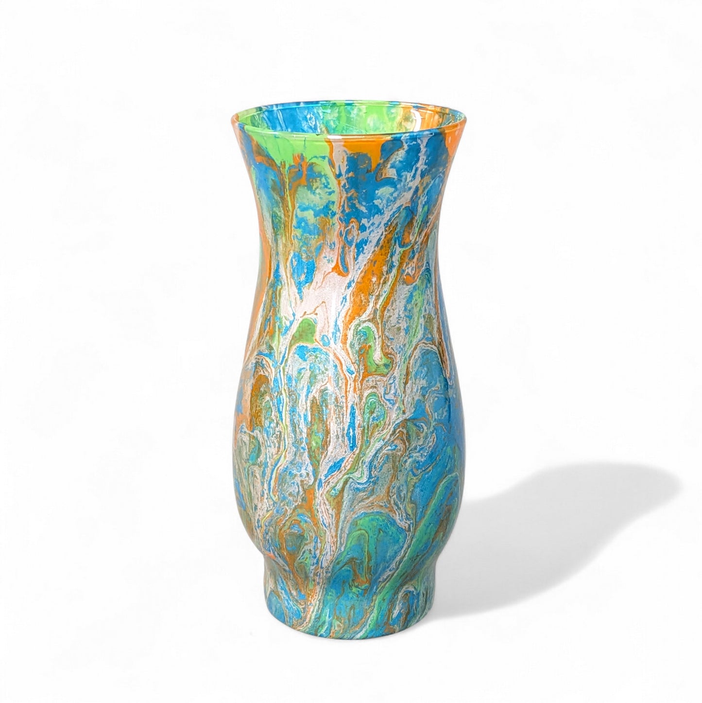 Glass Art Vase in Blue Green Orange and Silver | Fluid Art Flower Vase