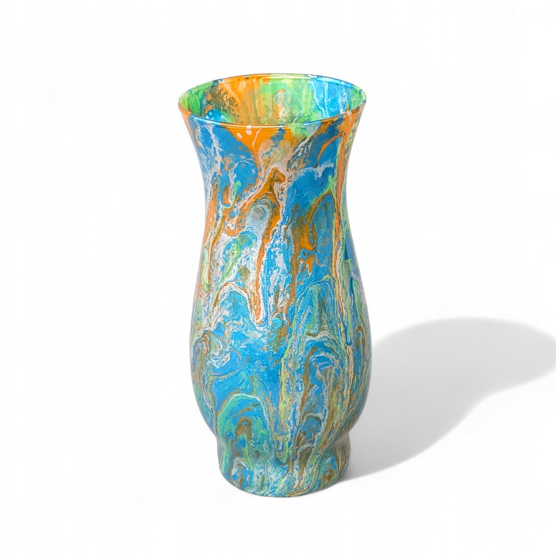 Glass Art Vase in Blue Green Orange and Silver | Fluid Art Flower Vase