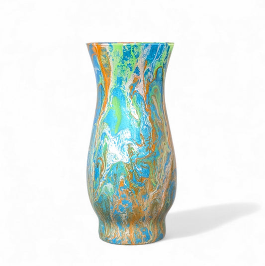 Glass Art Vase in Blue Green Orange and Silver | Fluid Art Flower Vase