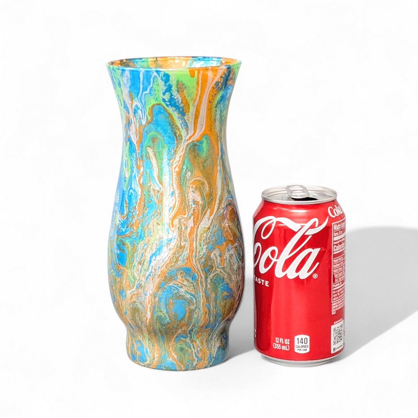 Glass Art Vase in Blue Green Orange and Silver | Fluid Art Flower Vase