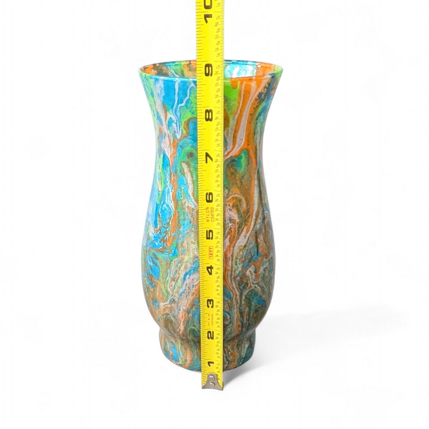 Glass Art Vase in Blue Green Orange and Silver | Fluid Art Flower Vase