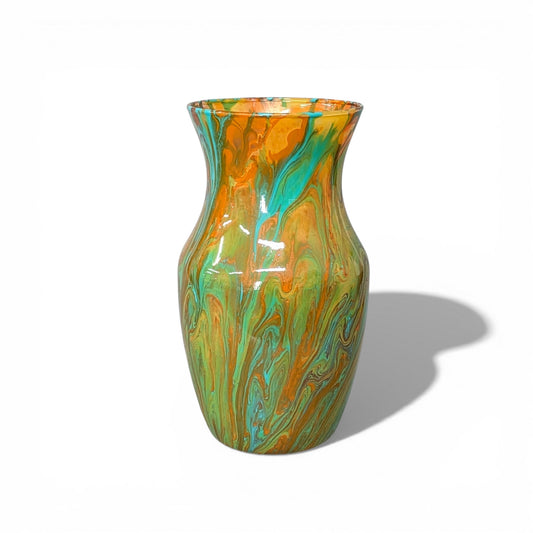 Large Glass Art Vase in Orange Gold and Aqua Blue Fluid Art