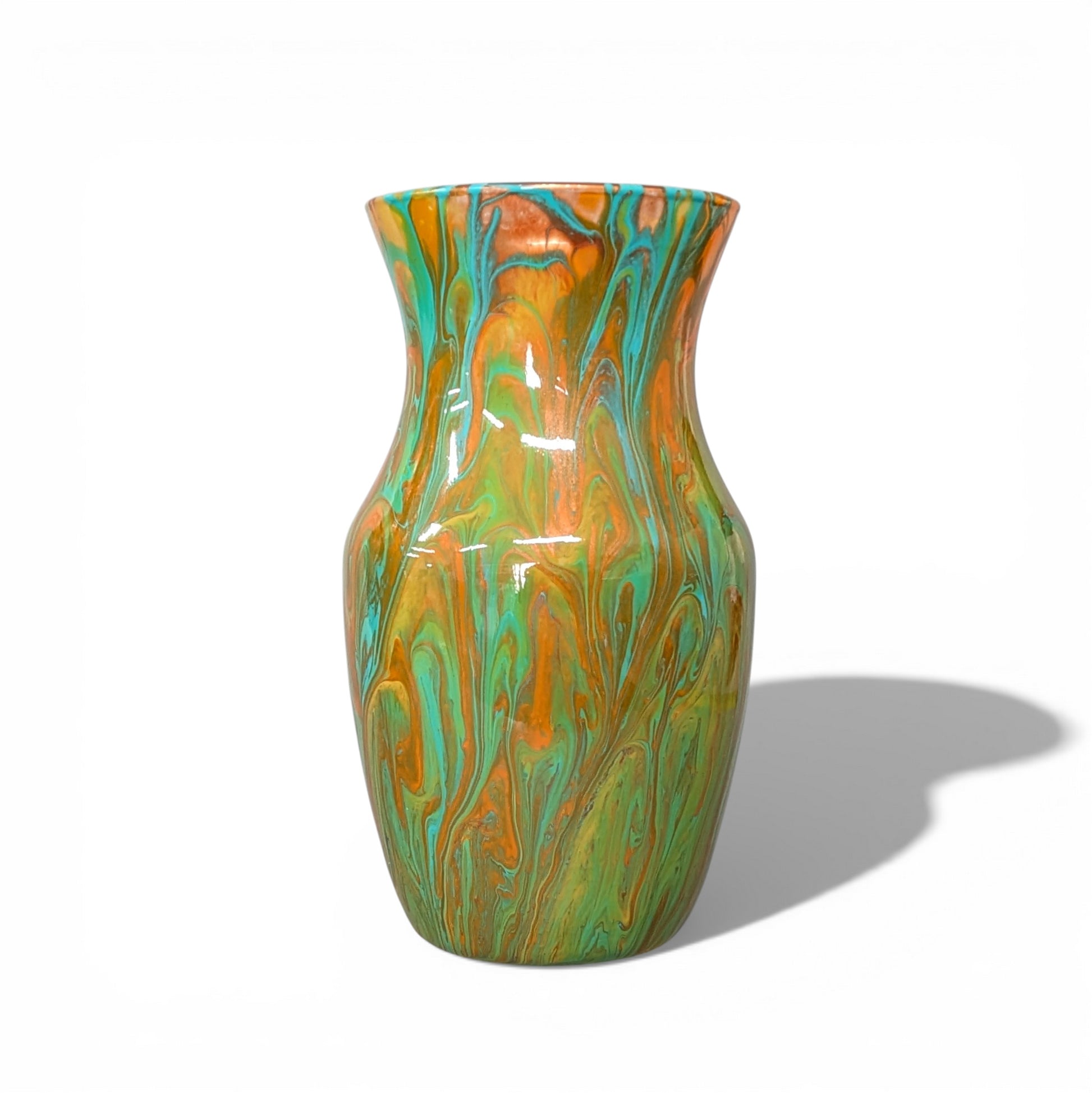 Large Glass Art Vase in Orange Gold and Aqua Blue Fluid Art
