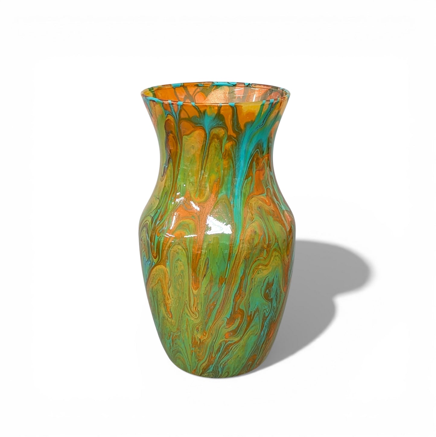 Large Glass Art Vase in Orange Gold and Aqua Blue Fluid Art