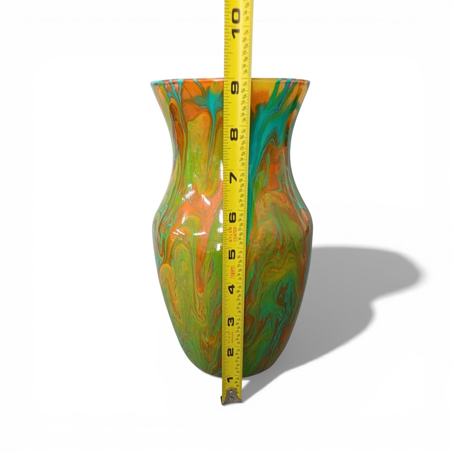 Large Glass Art Vase in Orange Gold and Aqua Blue Fluid Art