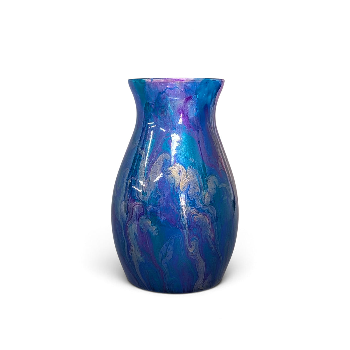 Peacock Feather Painted Glass Vase | Teal Cobalt Gold Fluid Art