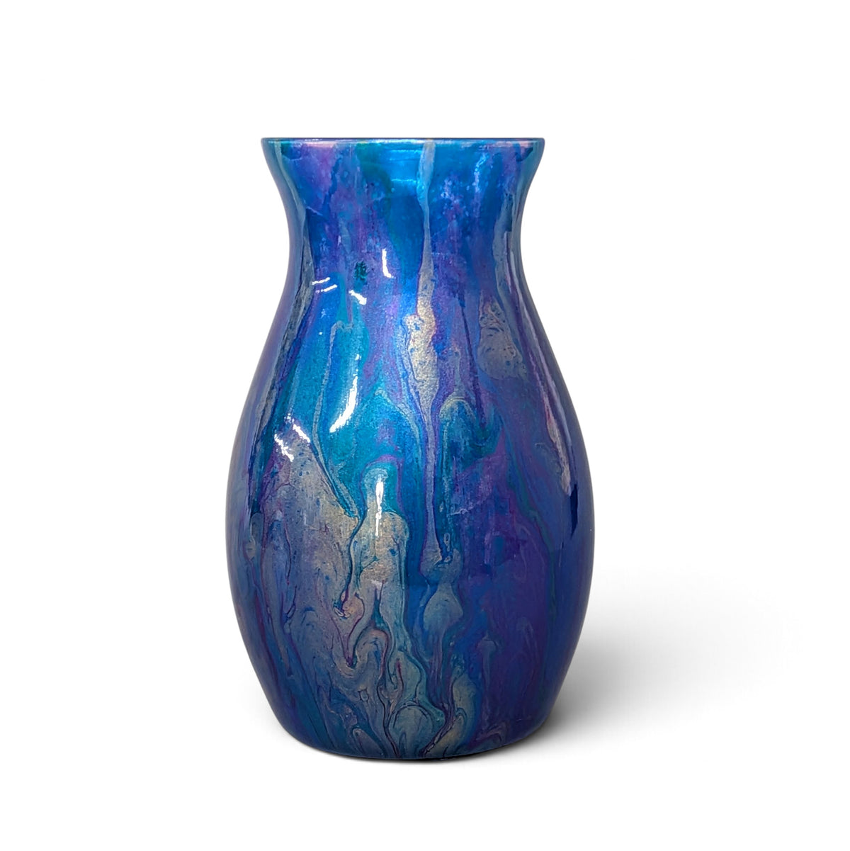Peacock Feather Painted Glass Vase | Teal Cobalt Gold Fluid Art
