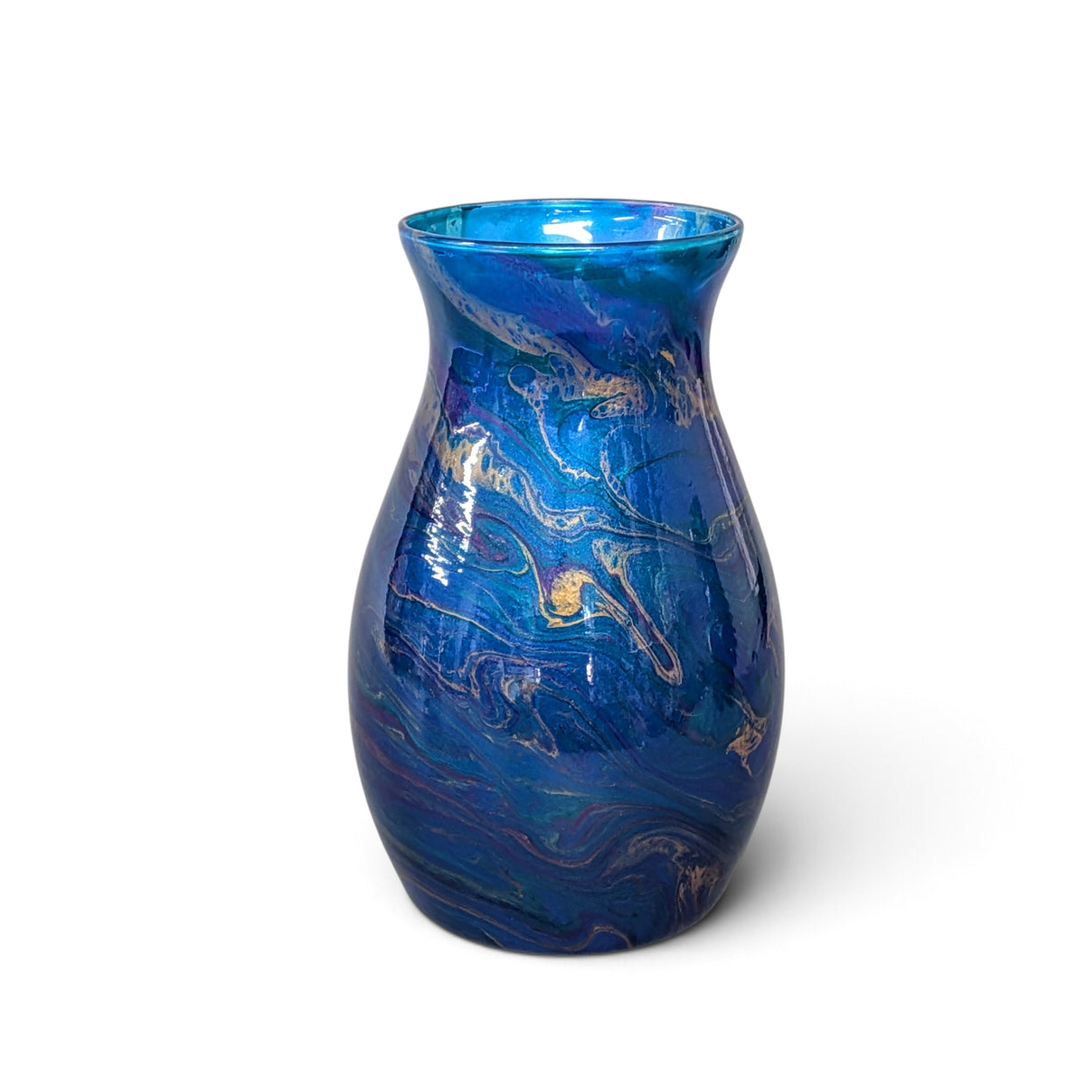 Peacock Feather Painted Glass Vase | Teal Cobalt Gold Fluid Art