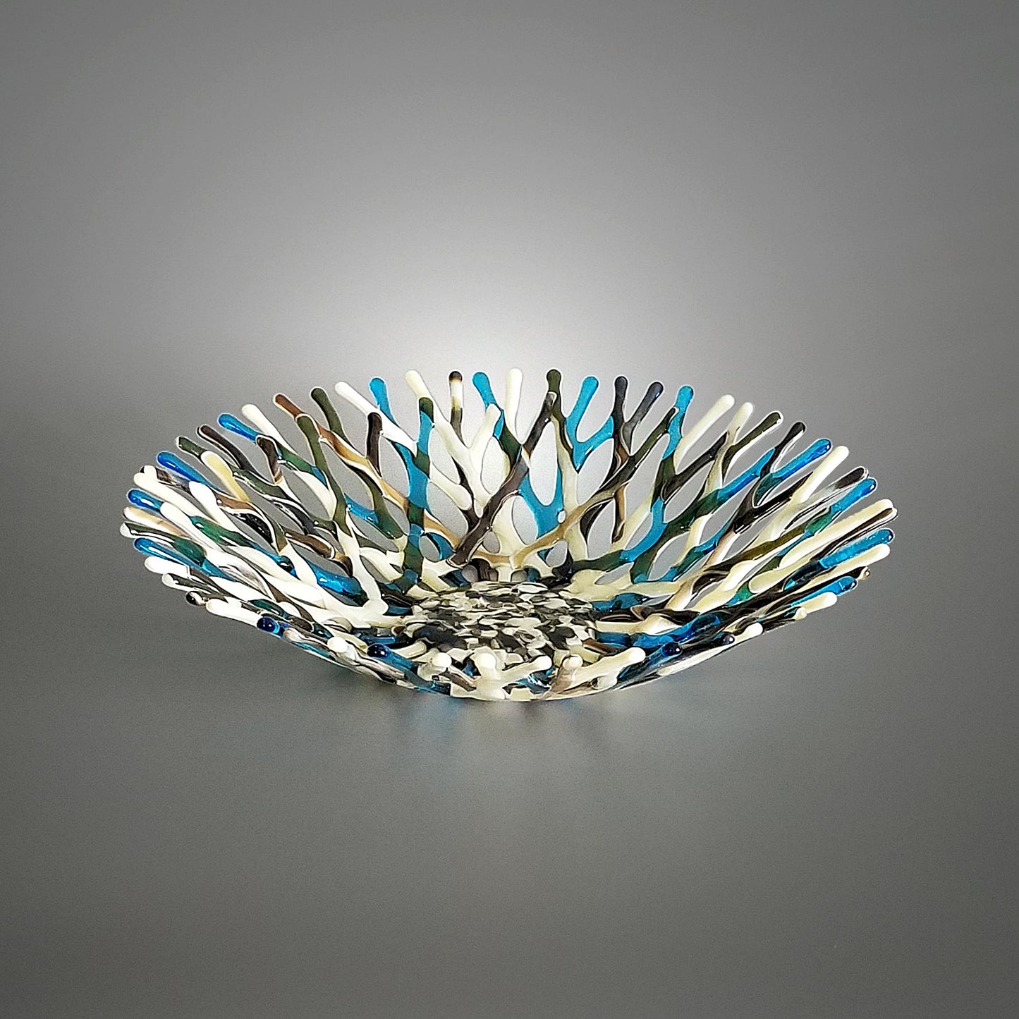 Contemporary Glass Art Coral Bowl in Ivory Turquoise Blue and Brown