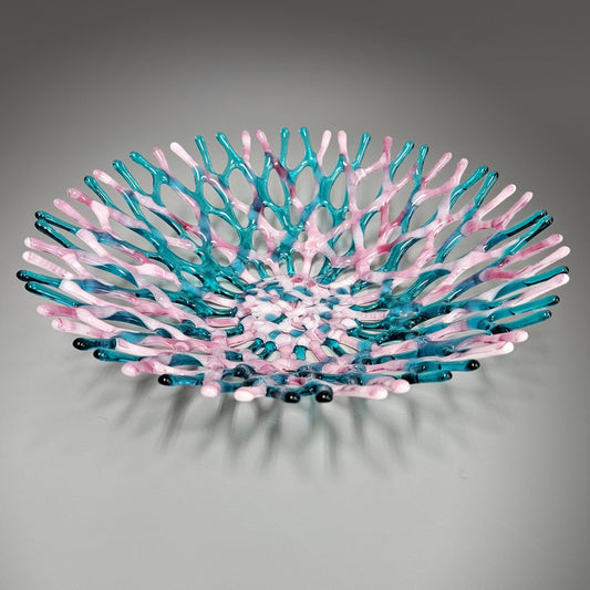 Glass Art Coral Bowl in Aqua Blue Green, Pink and Mauve