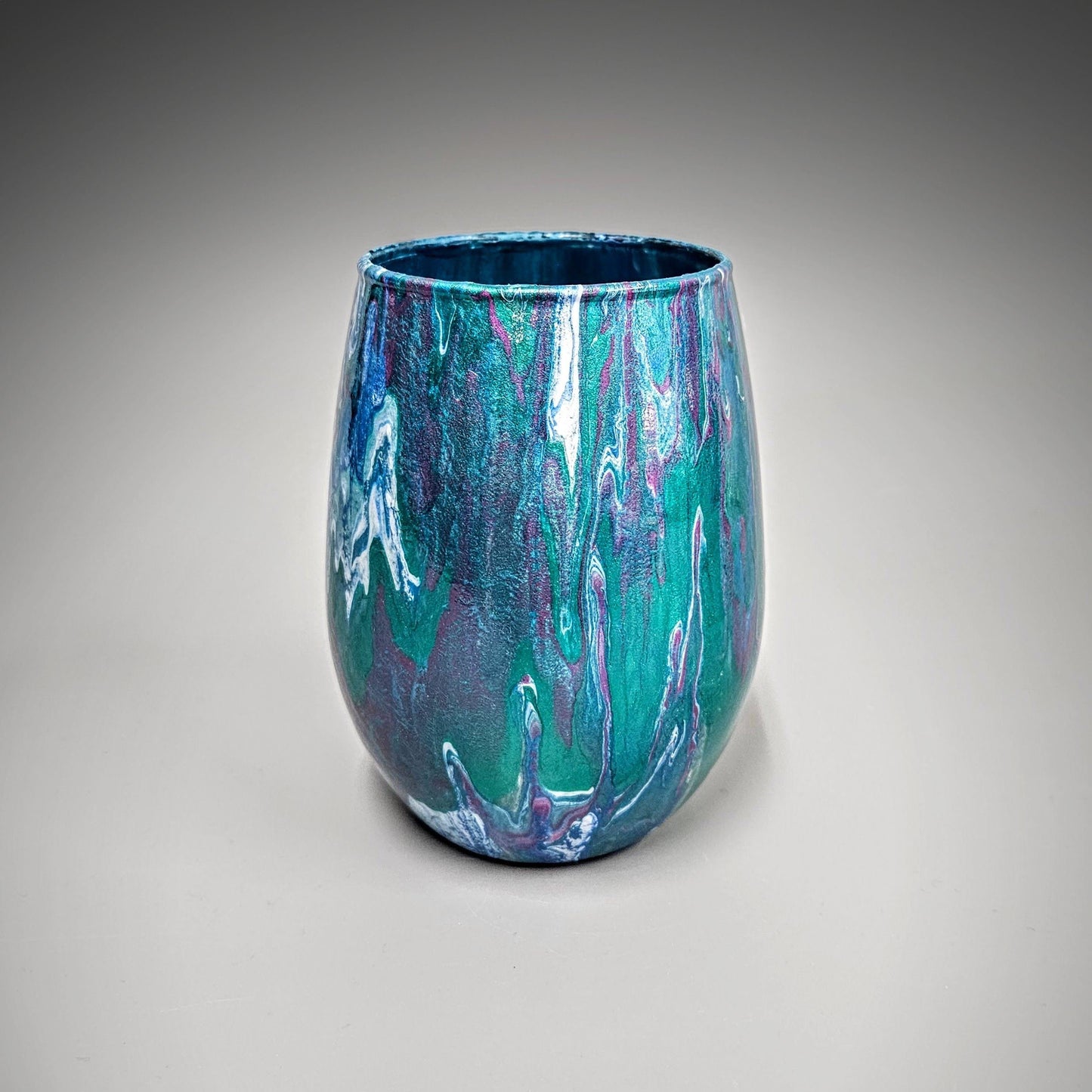 Glass Art Painted Vase in Teal Blue Green Fuchsia and White