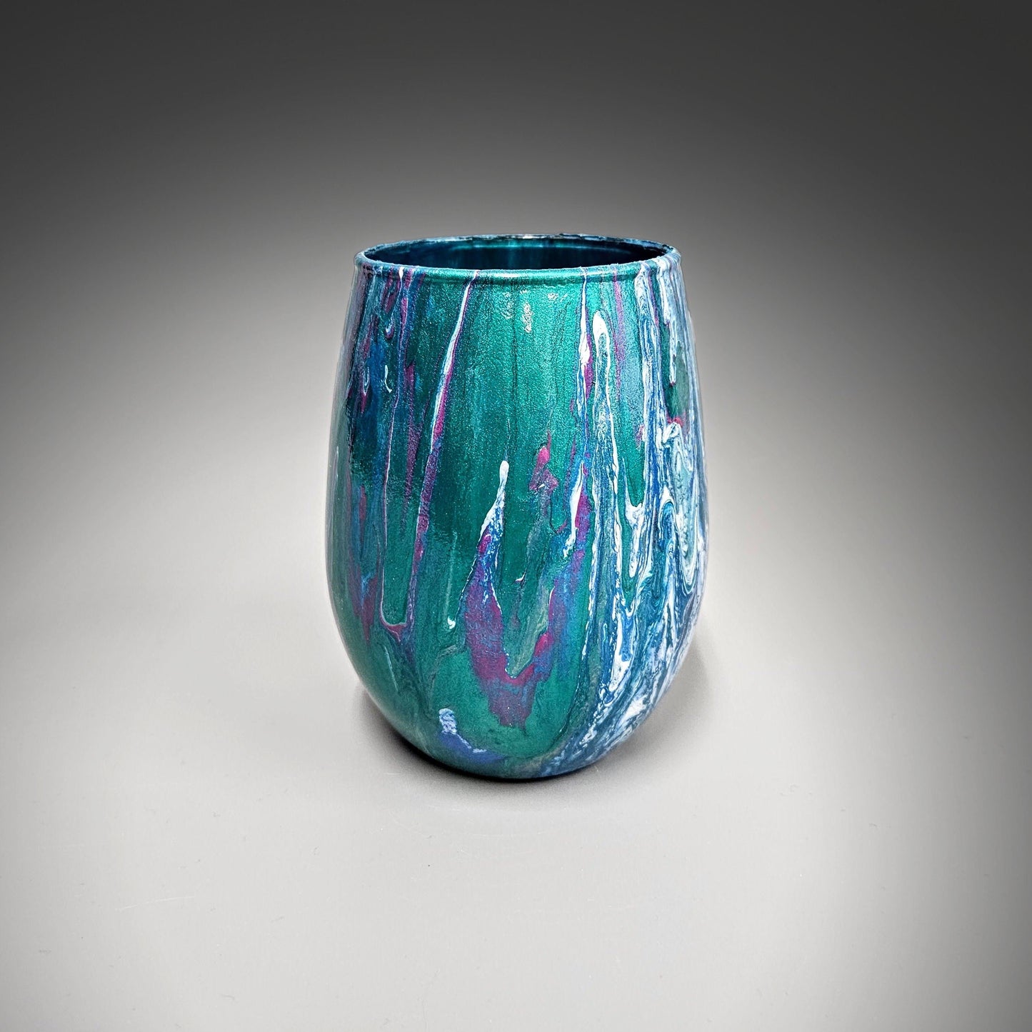 Glass Art Painted Vase in Teal Blue Green Fuchsia and White