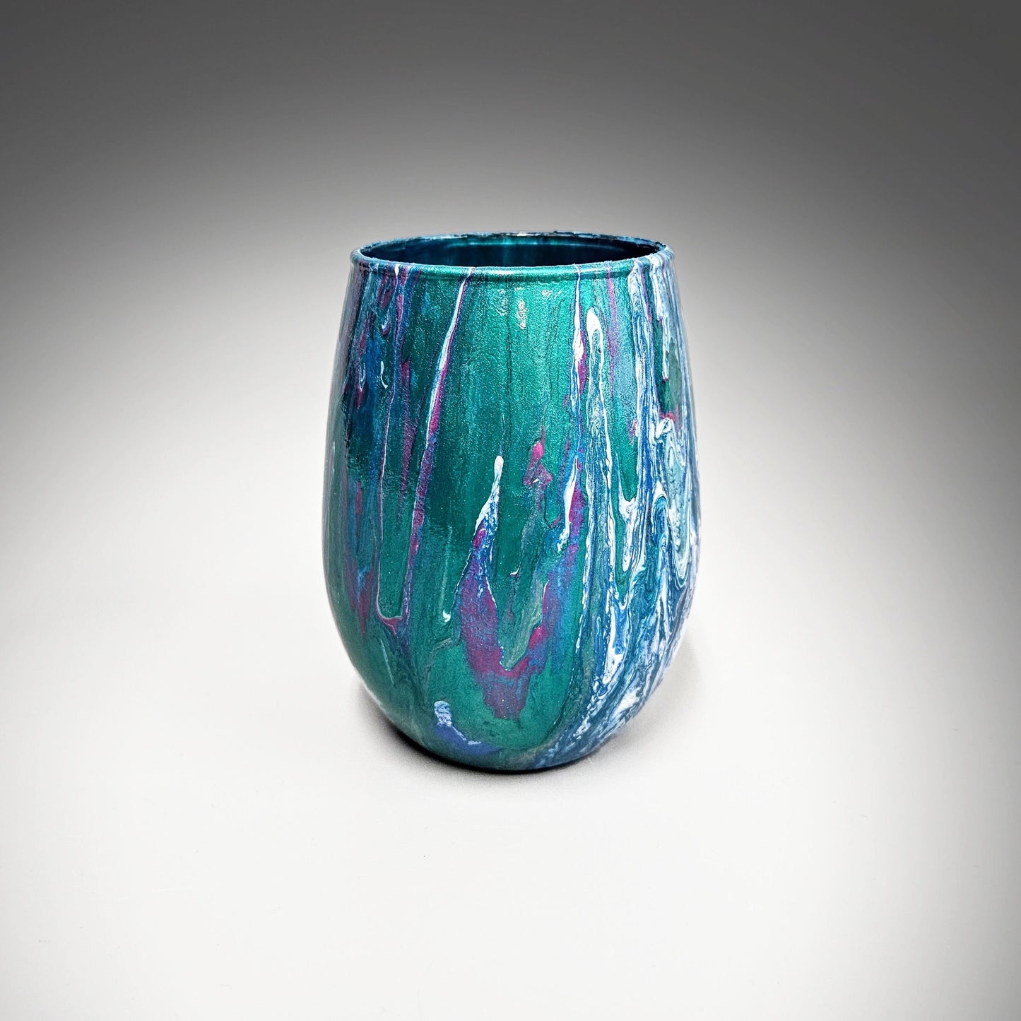 Glass Art Painted Vase in Teal Blue Green Fuchsia and White