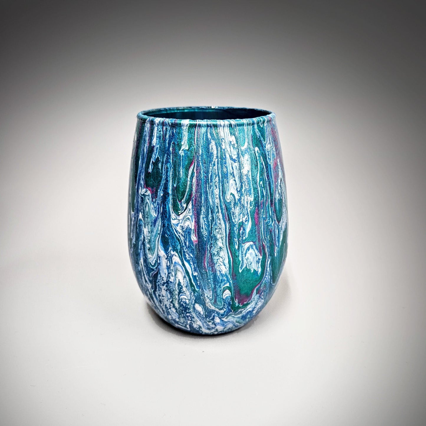 Glass Art Painted Vase in Teal Blue Green Fuchsia and White