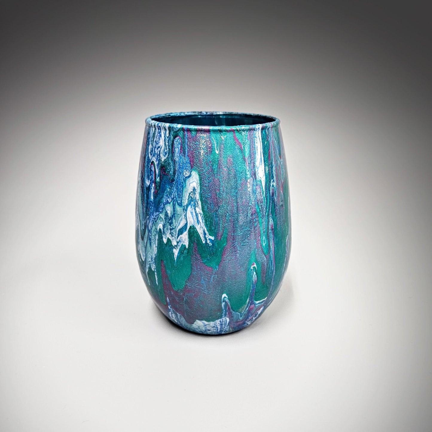 Glass Art Painted Vase in Teal Blue Green Fuchsia and White