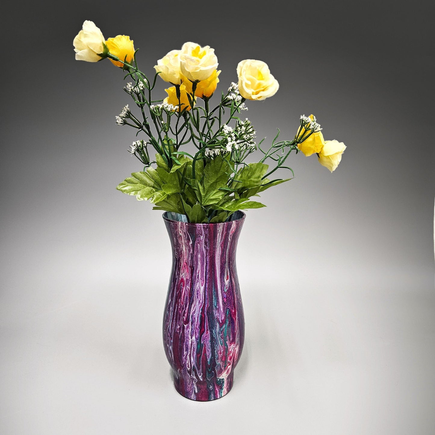 Glass Art Painted Vase in Fuchsia Teal | Acrylic Pour Fluid Art Vase | Yellow Roses