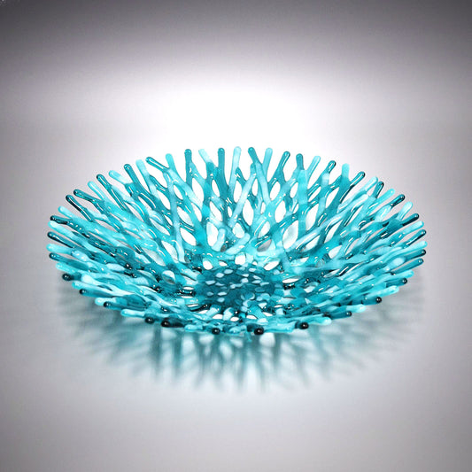 Glass Art Coral Bowl in Aquamarine Blue Green Wispy White Sea Glass