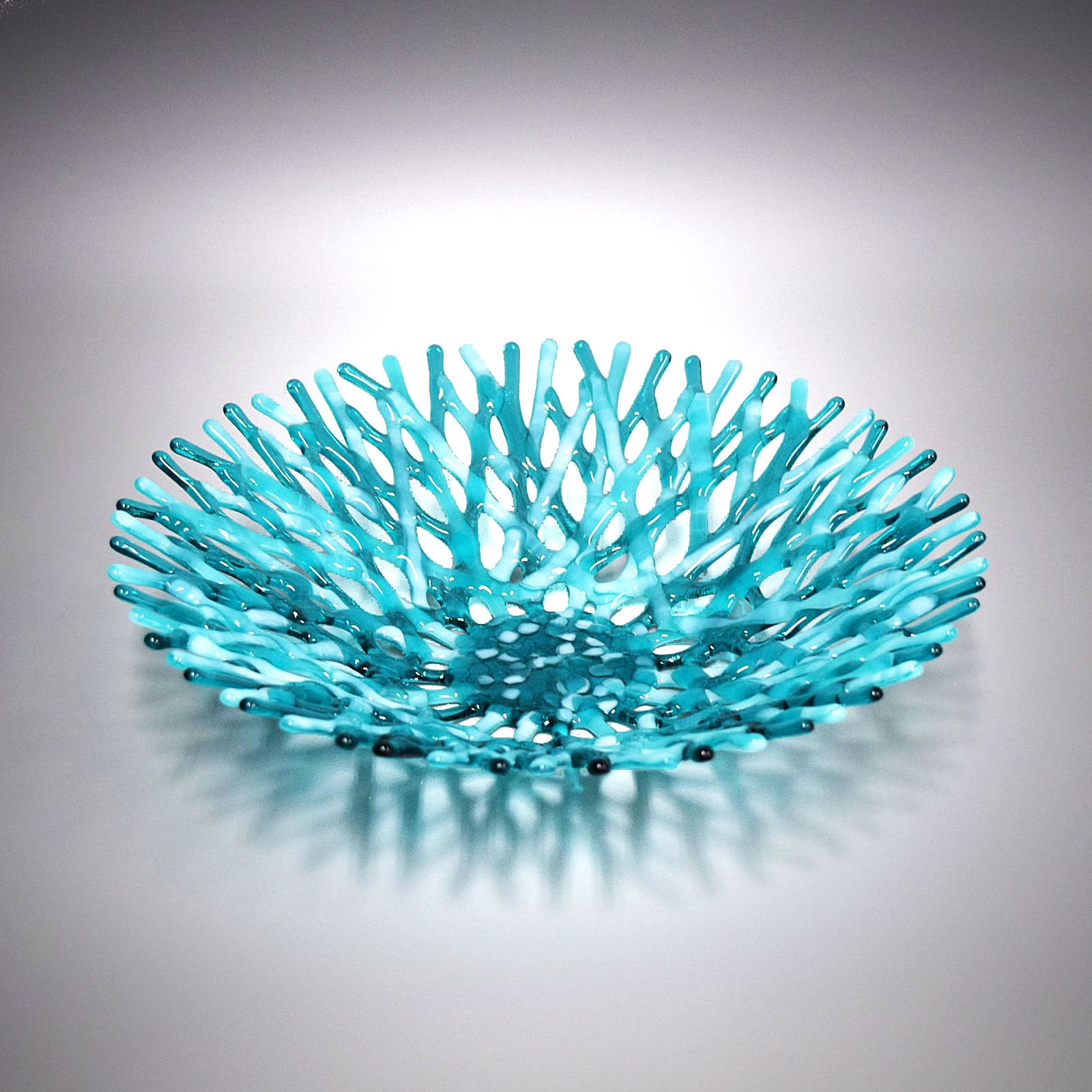 Glass Art Coral Bowl in Aquamarine Blue Green Wispy White Sea Glass