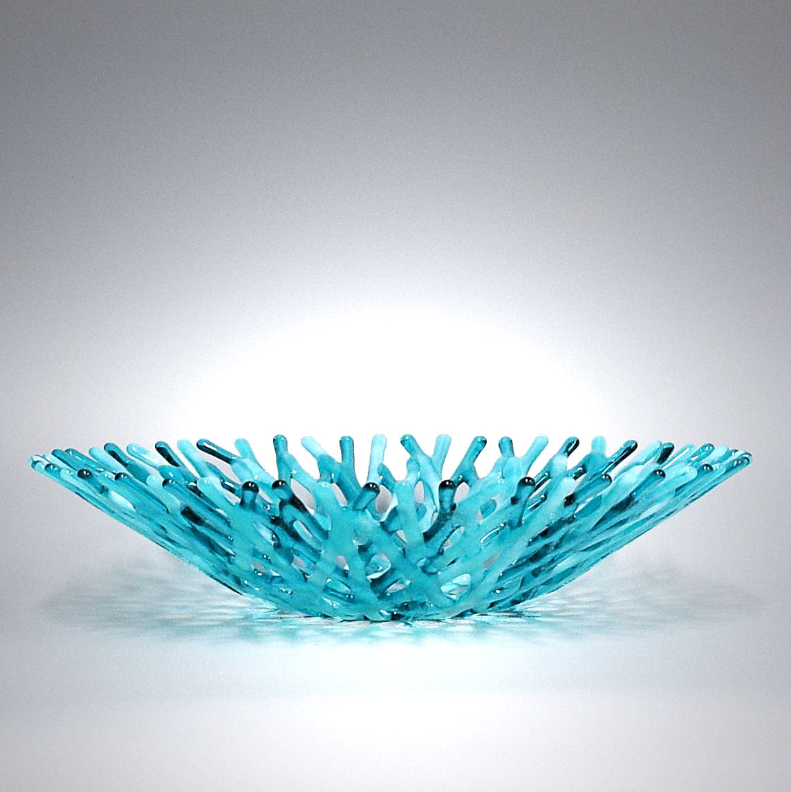 Glass Art Coral Bowl in Aquamarine Blue Green and Wispy White Sea Glass