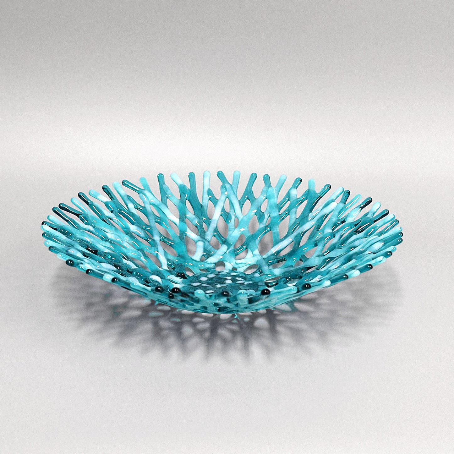 Glass Art Coral Bowl in Aquamarine Blue Green and Wispy White Sea Glass