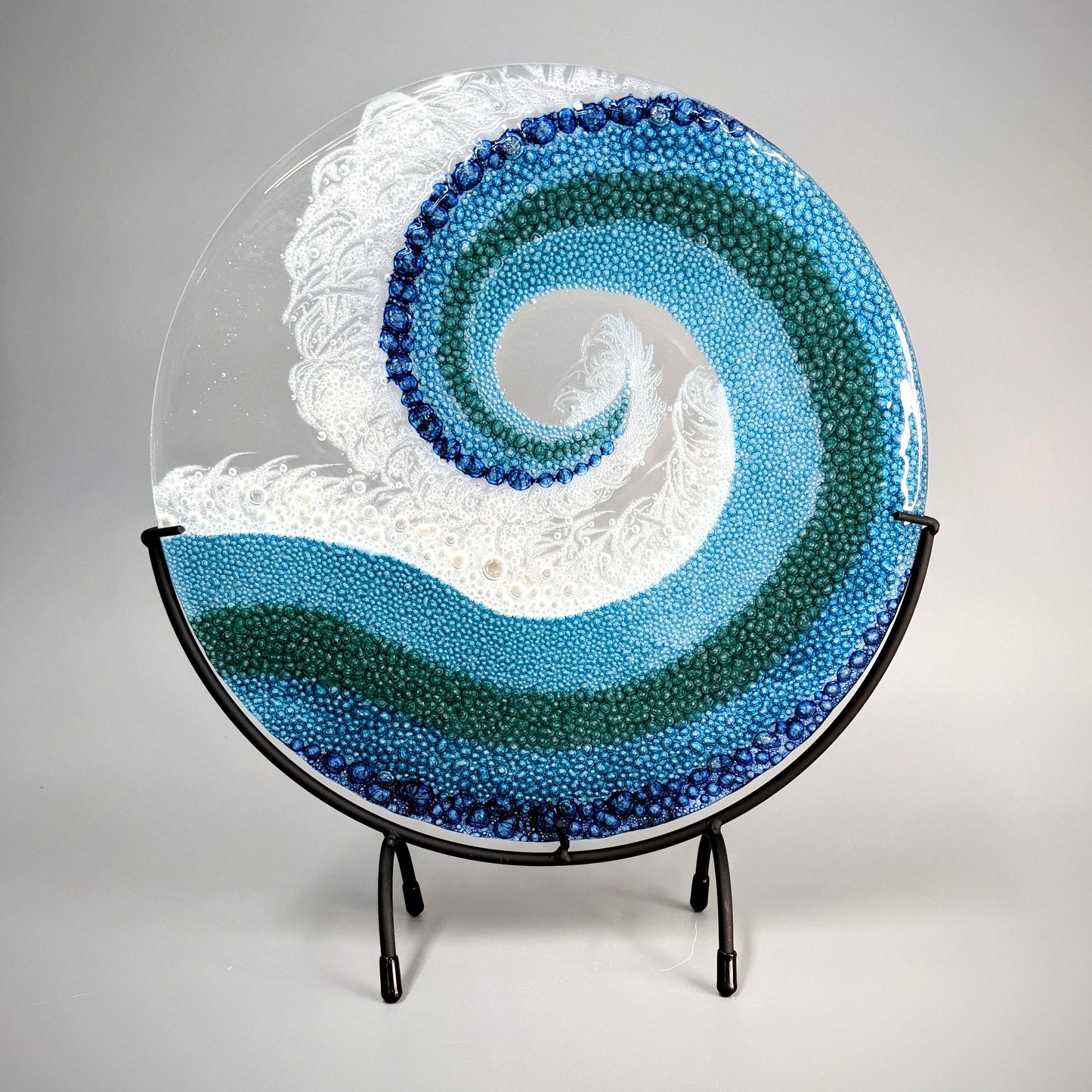 Fused Glass Art Panel Round Crashing Ocean Waves